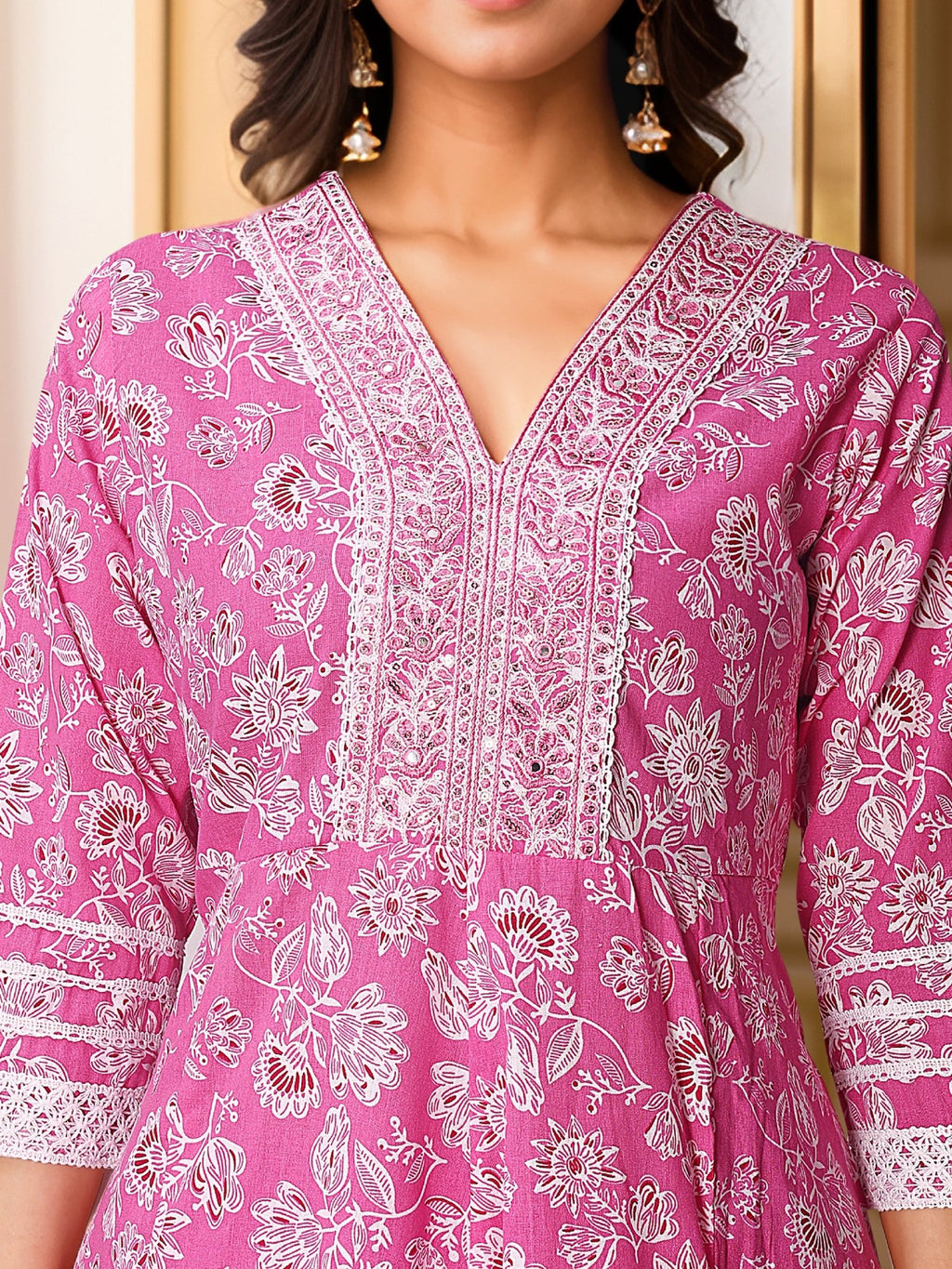 Pink Pure Cotton Kurta Set — fabric detail — Pink comfortable pure cotton