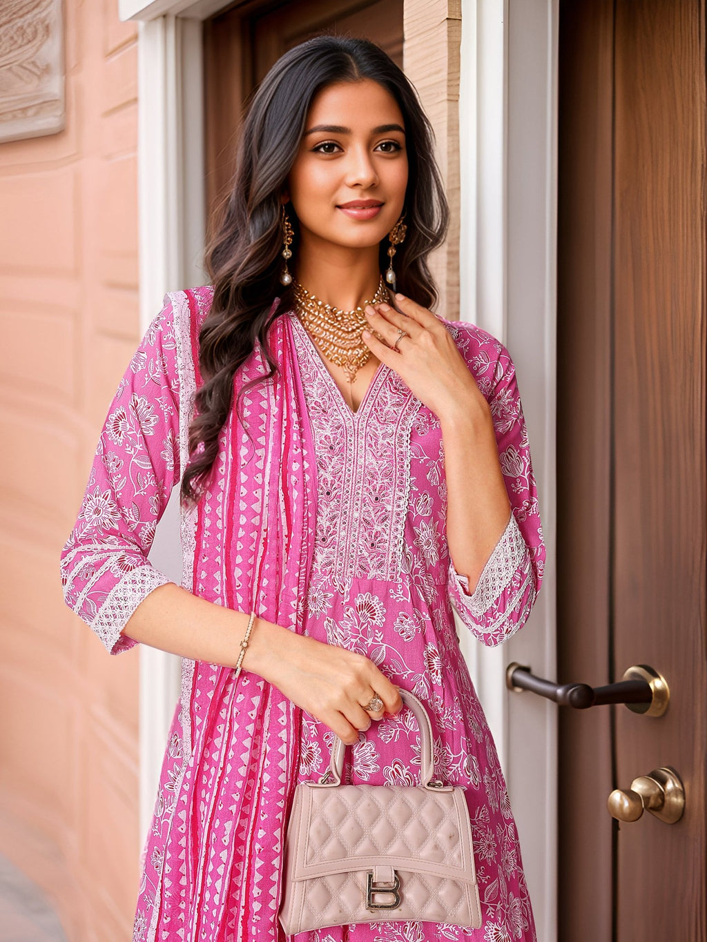 Pink Pure Cotton Kurta Set — dupatta close up — Pink Pure Cotton — Banwaree