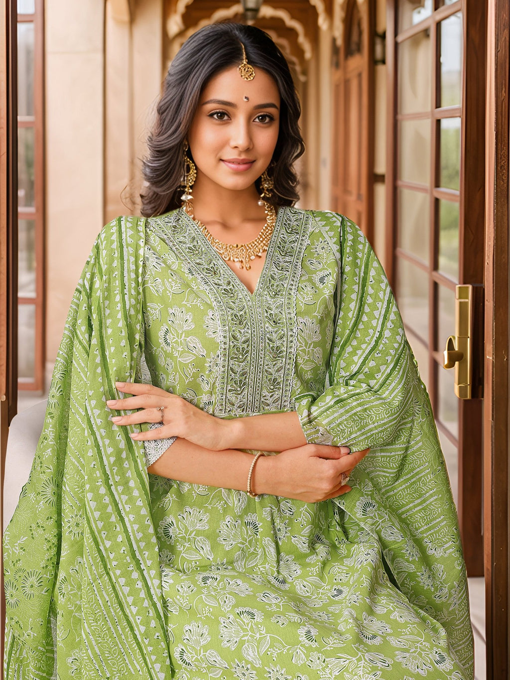 Green Indian Kurta Set — dupatta close up — Green Pure Cotton — Banwaree