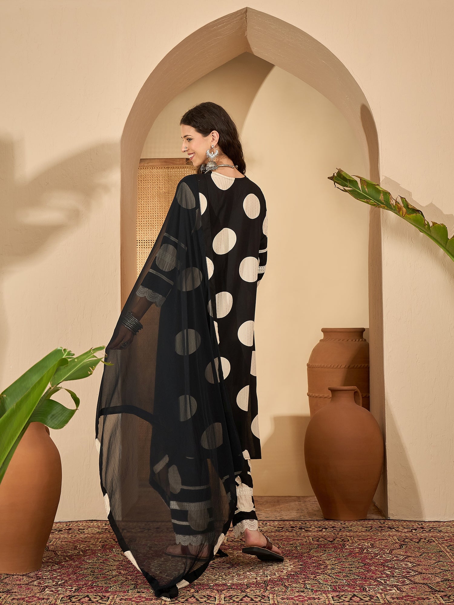 Black Pure Cotton Kurta Set with Printed Dupatta — back view with dupatta — Banwaree India