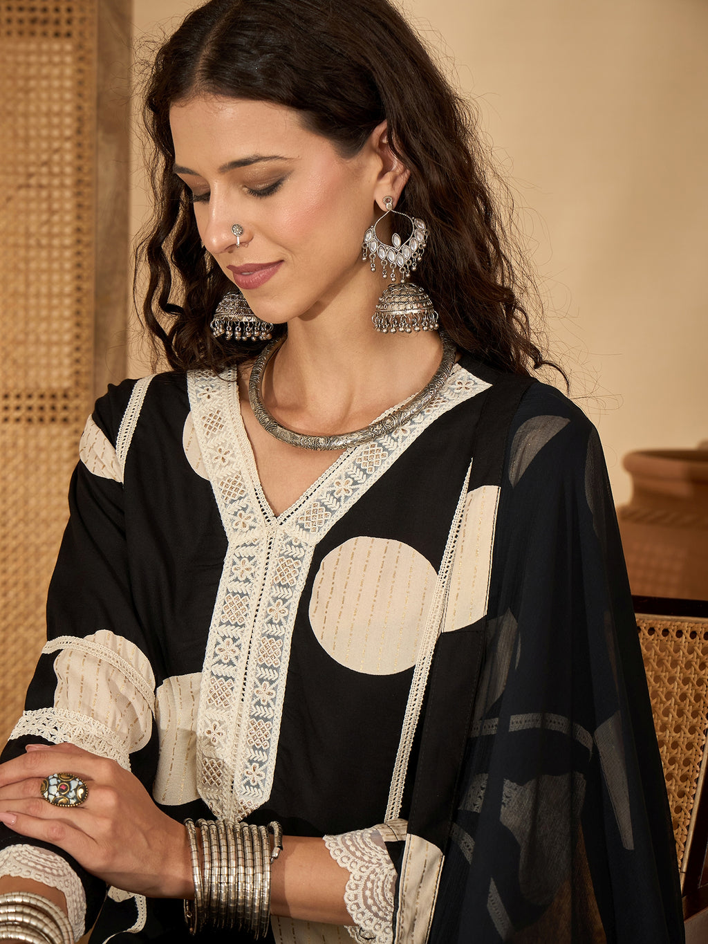 Black Pure Cotton Kurta Set with Printed Dupatta — fabric detail — Black comfortable pure cotton