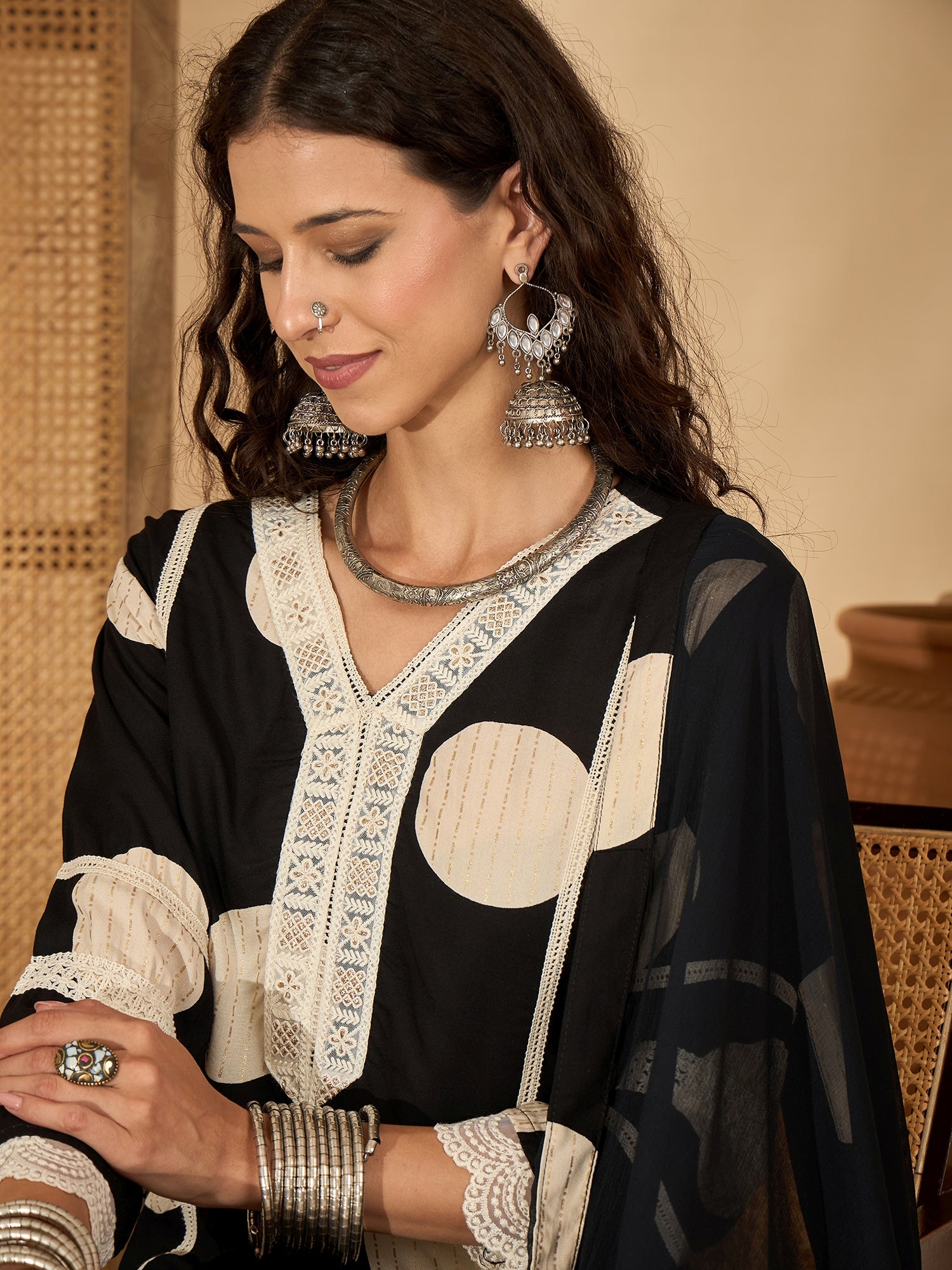 Black Pure Cotton Kurta Set with Printed Dupatta — fabric detail — Black comfortable pure cotton