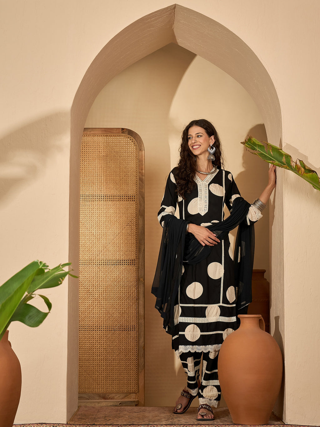 Black Pure Cotton Kurta Set with Printed Dupatta — flat lay — cotton kurta set online India — Banwaree India