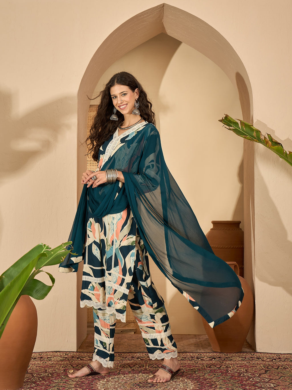 Blue Pure Cotton Festive Kurta Set — side view — Blue Pure Cotton women — Banwaree