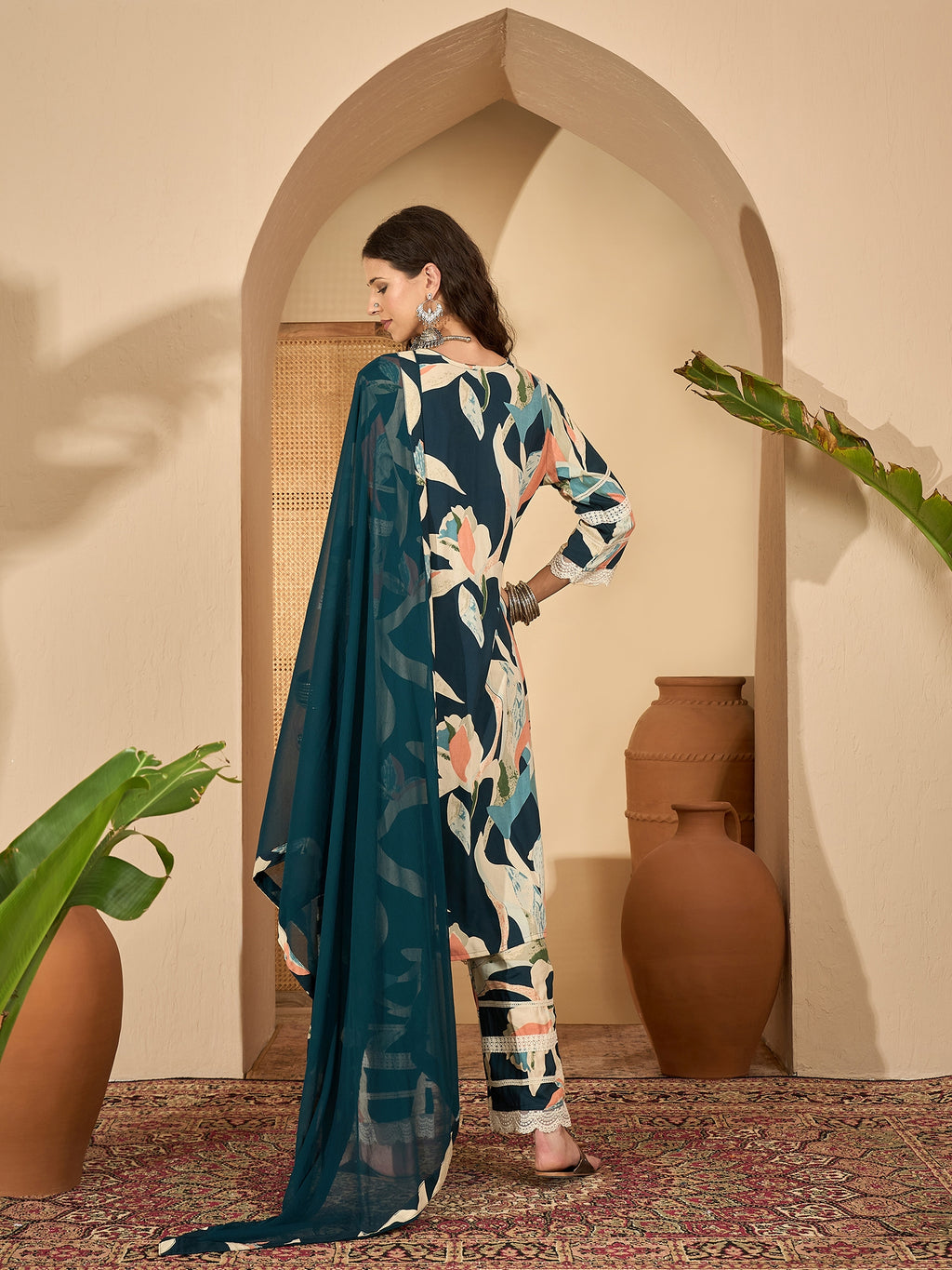 Blue Pure Cotton Festive Kurta Set — back view with dupatta — Banwaree India