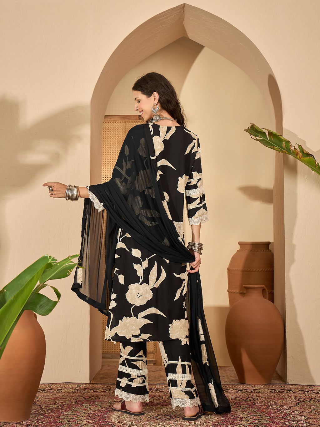 Black Printed Kurta Set — back view with dupatta — Banwaree India