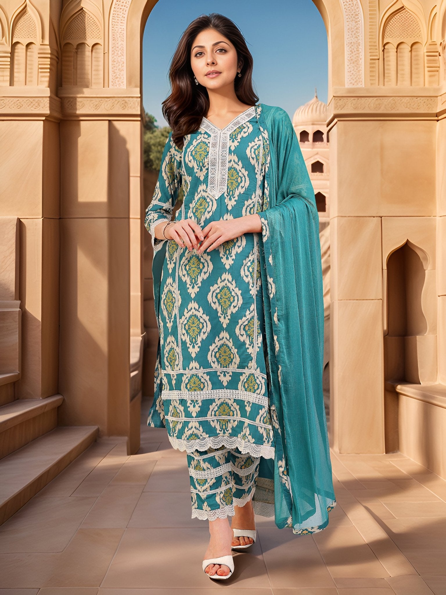 Green Pure Cotton Printed Ethnic Kurta Set — front view — pure cotton ethnic wear women