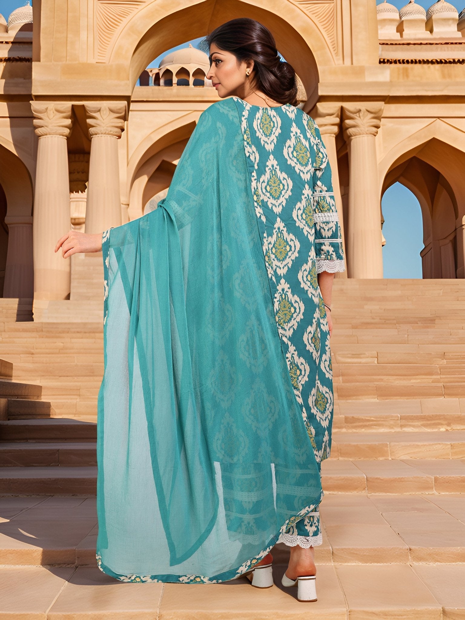 Green Pure Cotton Printed Ethnic Kurta Set — back view with dupatta — Banwaree India