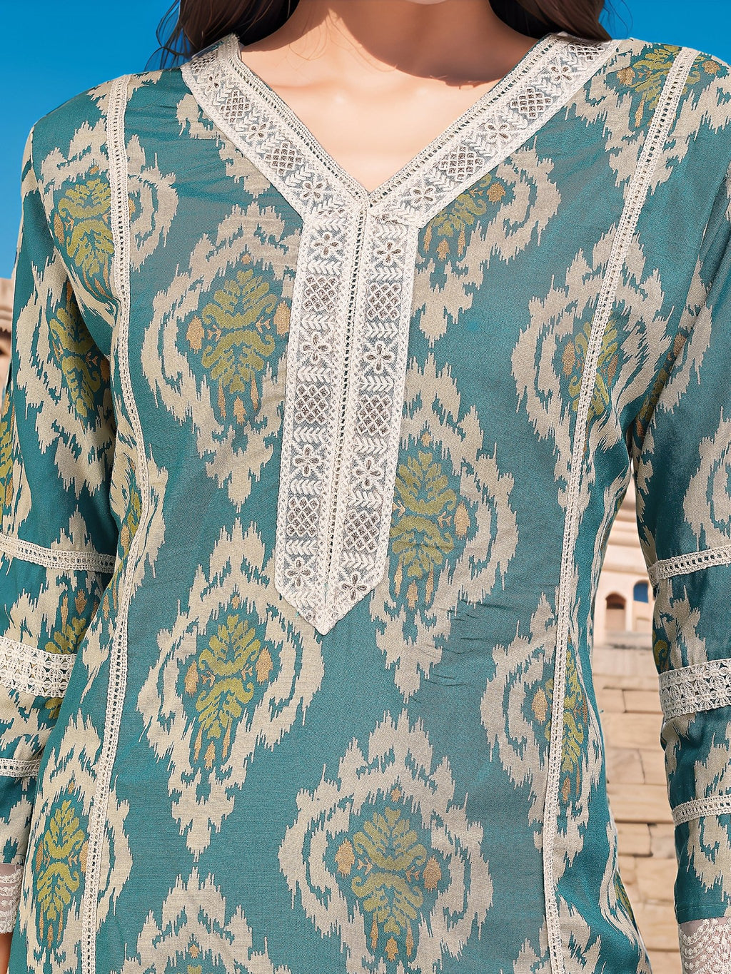 Green Pure Cotton Printed Ethnic Kurta Set — fabric detail — Green comfortable pure cotton