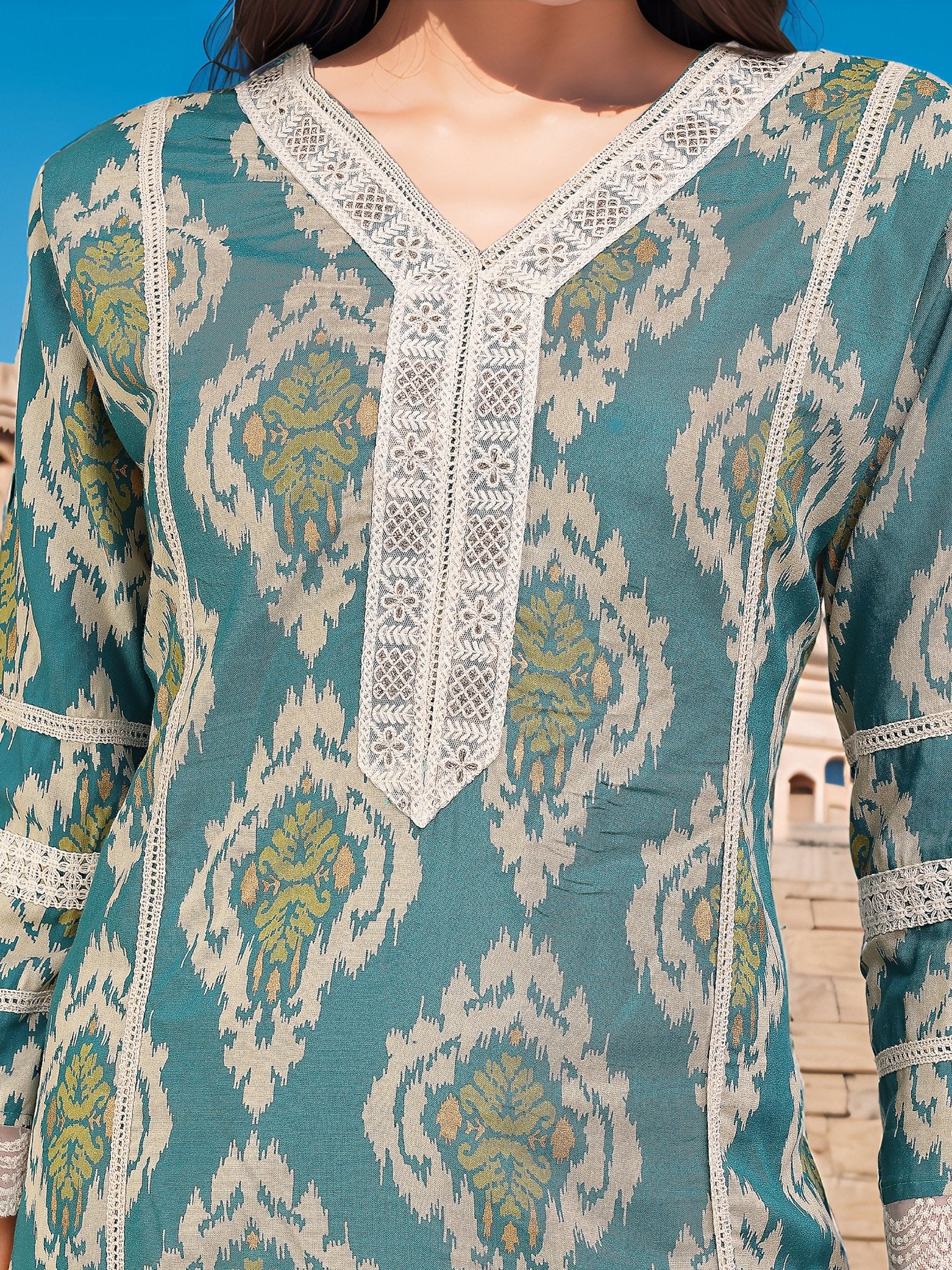 Green Pure Cotton Printed Ethnic Kurta Set — fabric detail — Green comfortable pure cotton