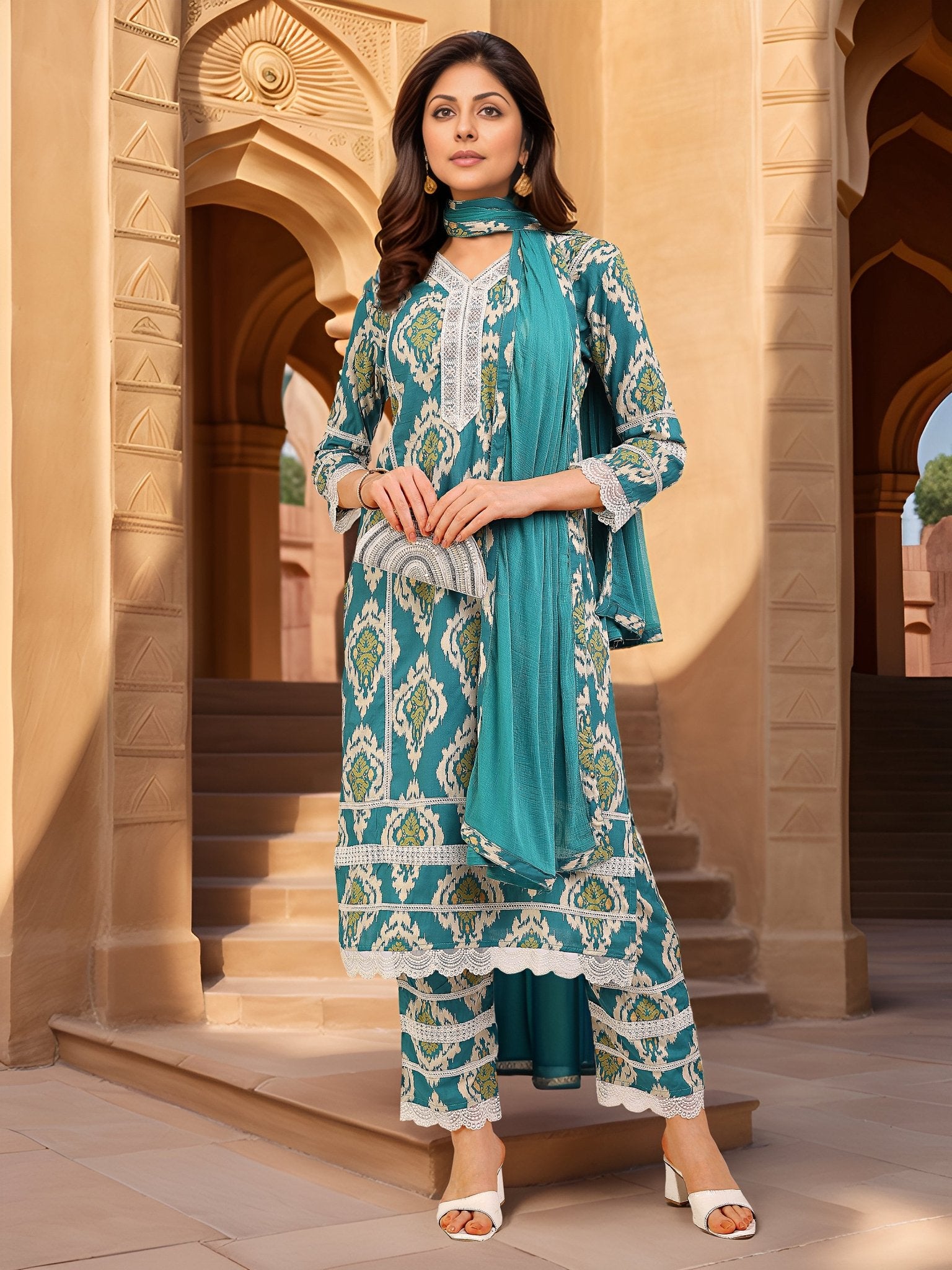 Green Pure Cotton Printed Ethnic Kurta Set — festive styling — summer pure cotton — Banwaree