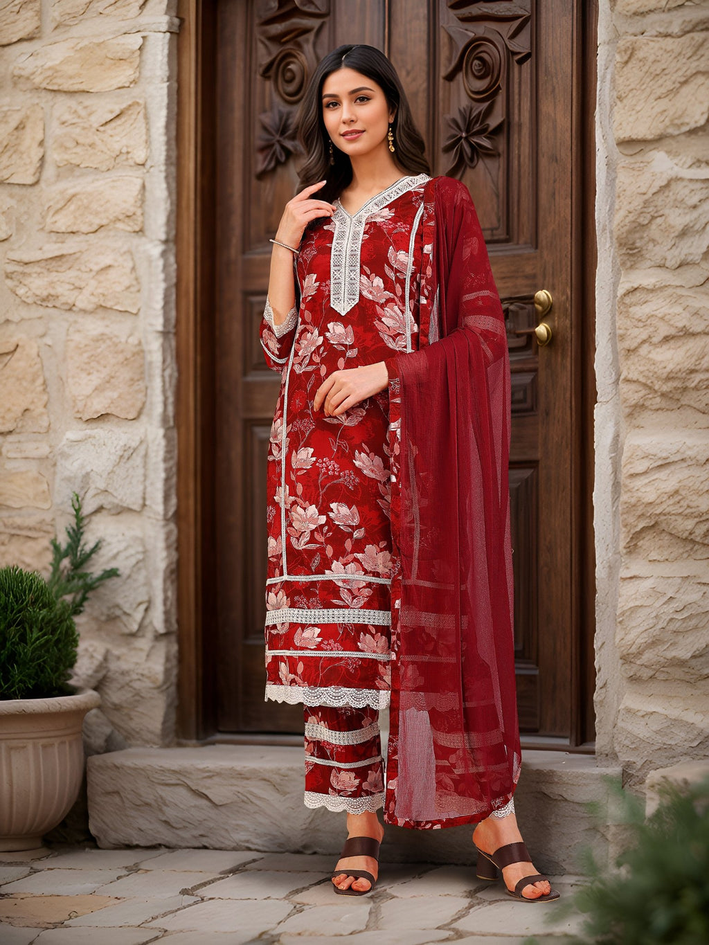 Printed Maroon Pure Cotton Kurta Set — front view — pure cotton ethnic wear women