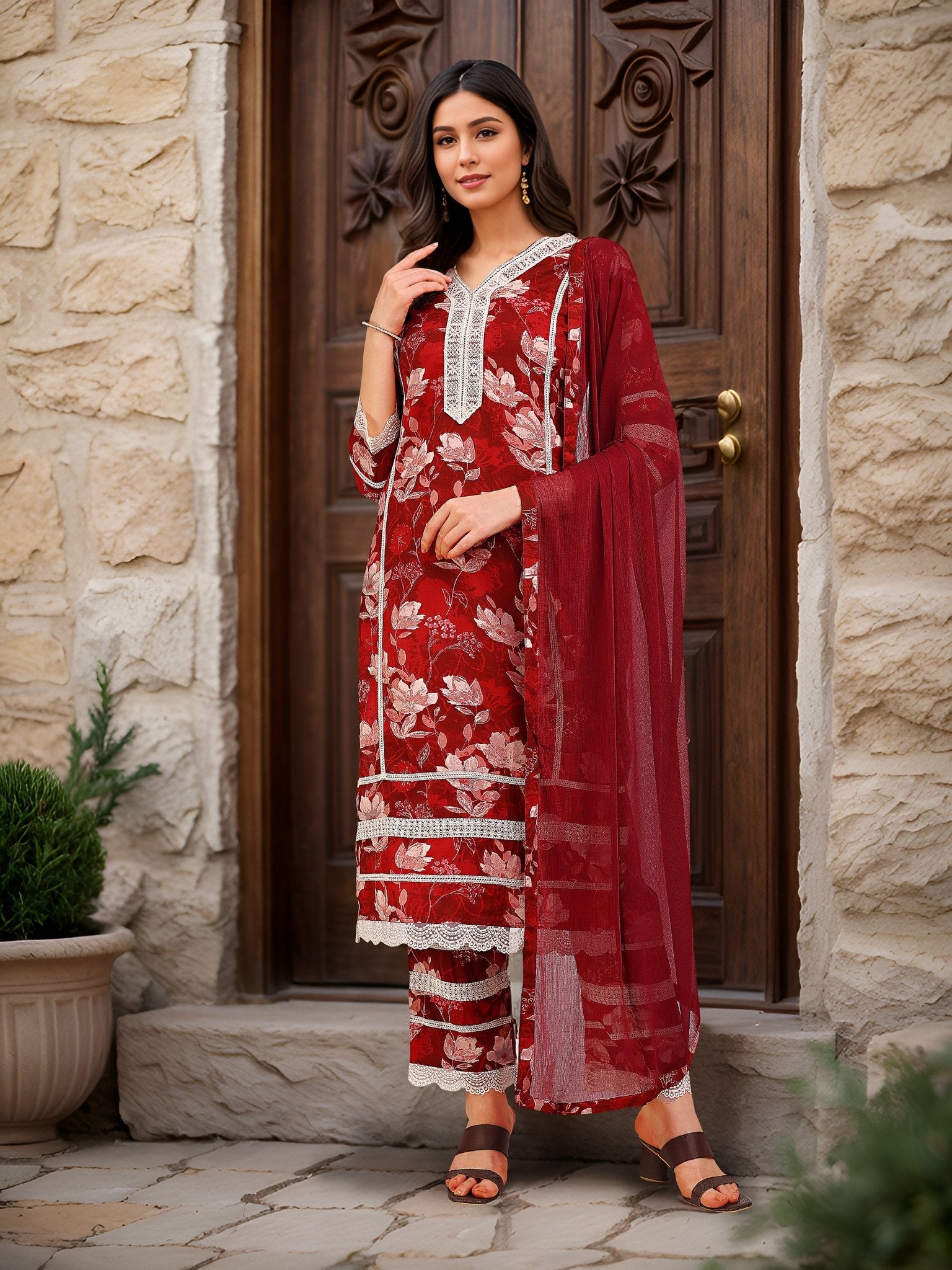 Printed Maroon Pure Cotton Kurta Set — front view — pure cotton ethnic wear women