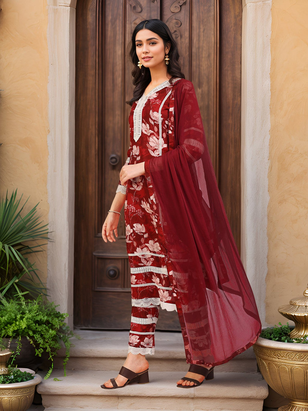 Printed Maroon Pure Cotton Kurta Set — side view — Maroon Pure Cotton women — Banwaree