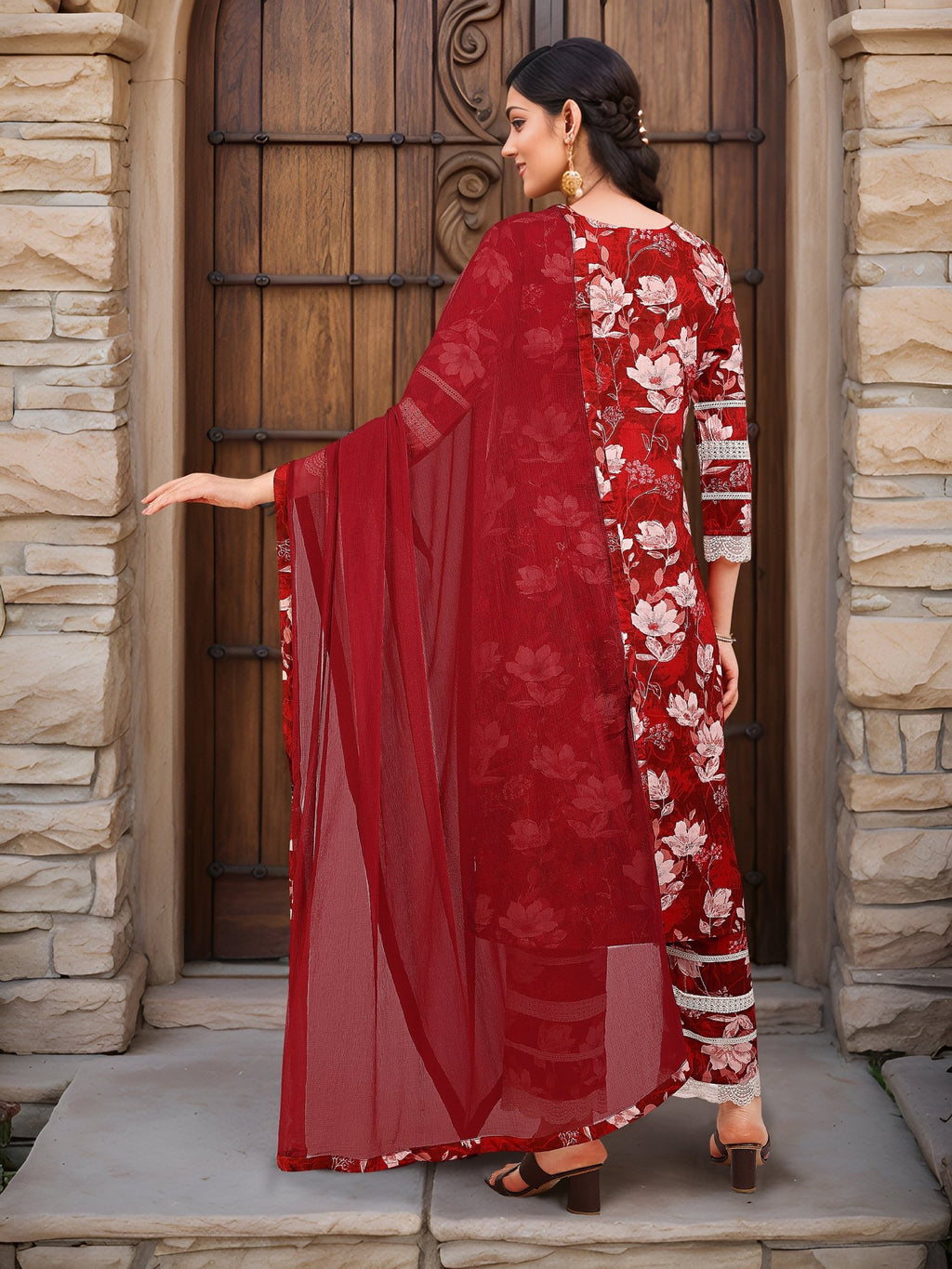 Printed Maroon Pure Cotton Kurta Set — back view with dupatta — Banwaree India