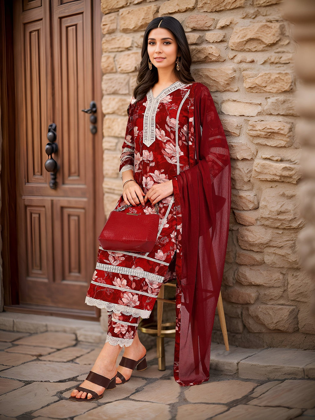 Printed Maroon Pure Cotton Kurta Set — festive styling — summer pure cotton — Banwaree