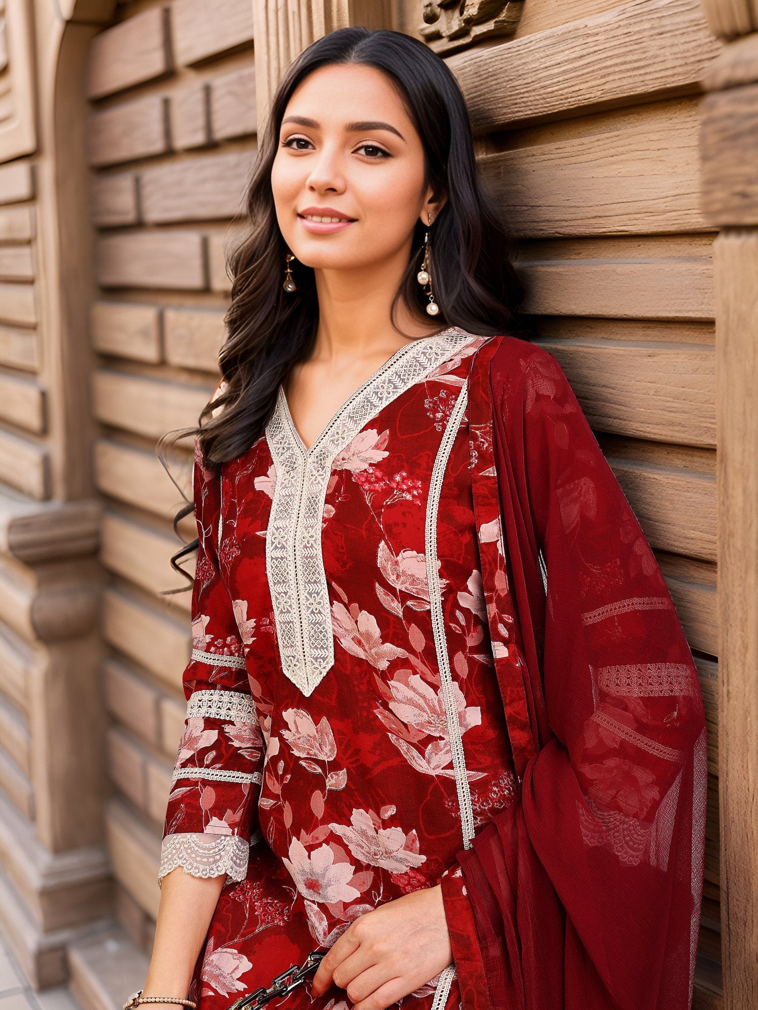 Printed Maroon Pure Cotton Kurta Set — dupatta close up — Maroon Pure Cotton — Banwaree