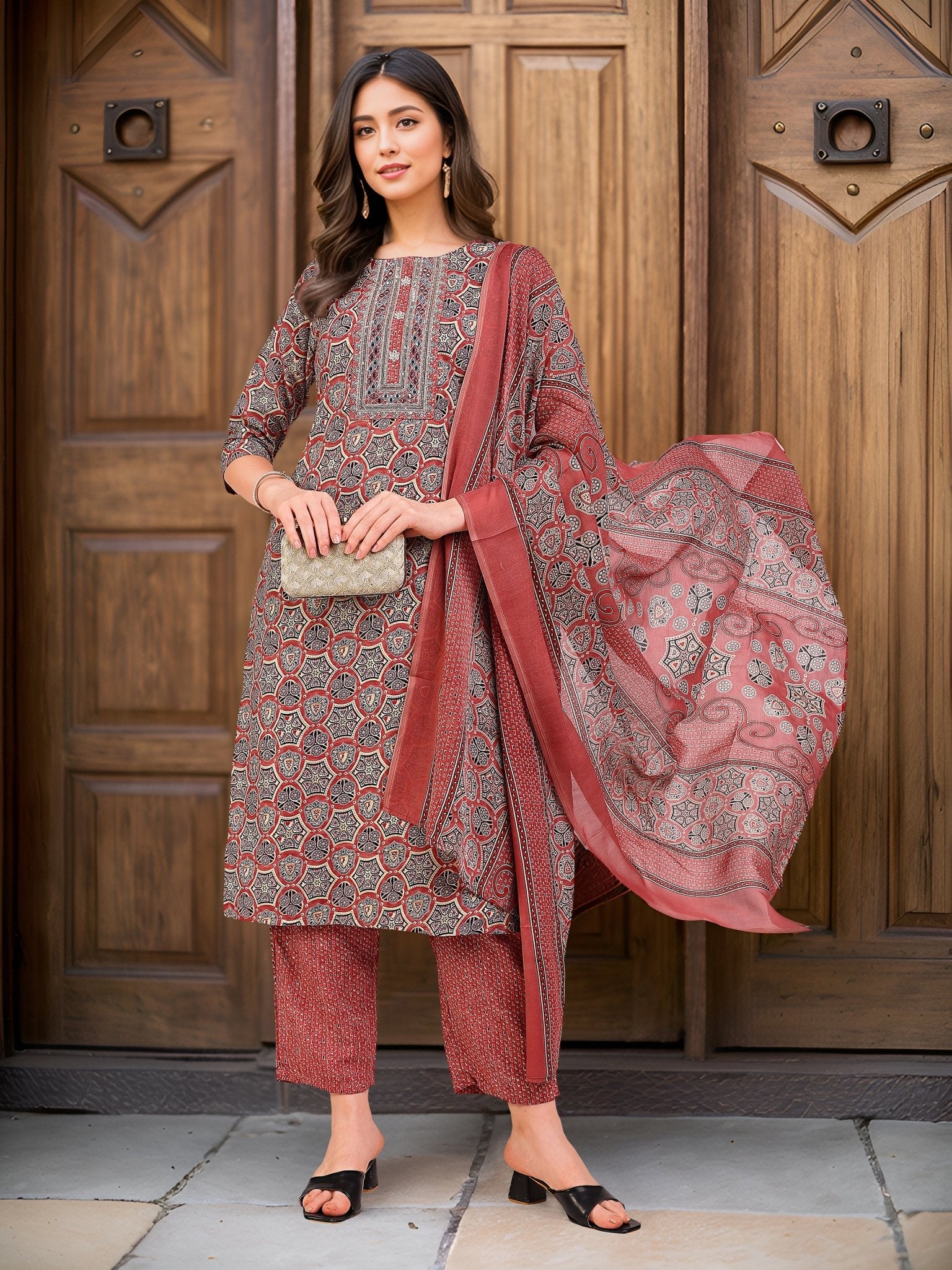 Red Printed Kurta Set — front view — pure cotton ethnic wear women