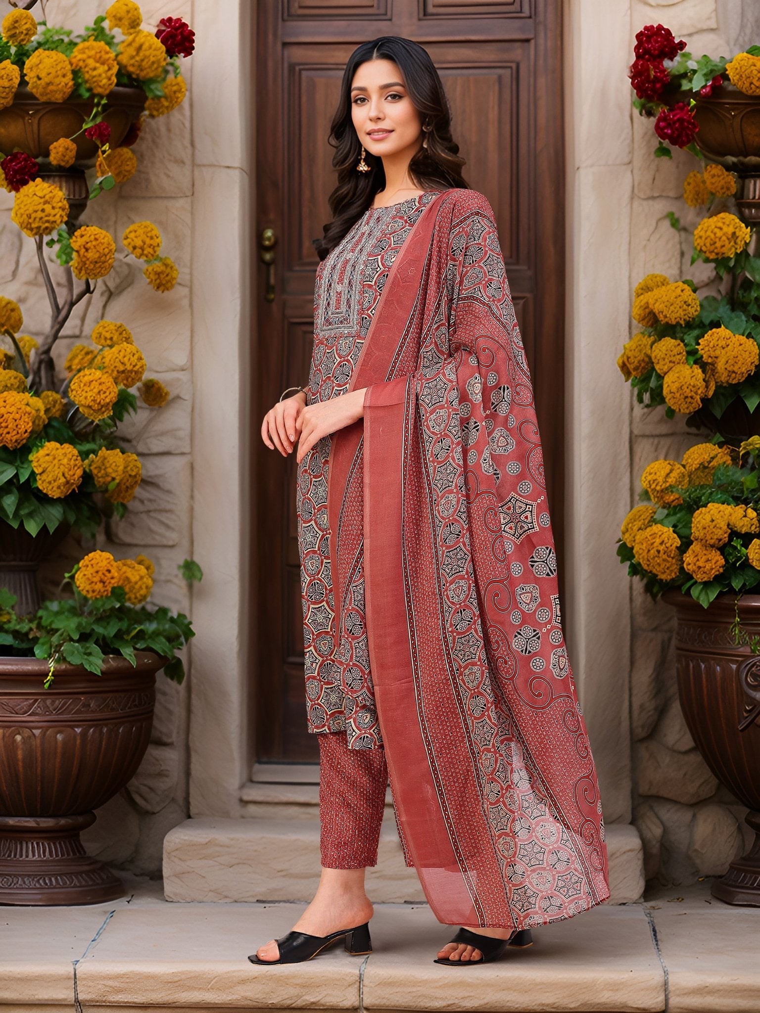 Red Printed Kurta Set — side view — Red Cotton Blend women — Banwaree