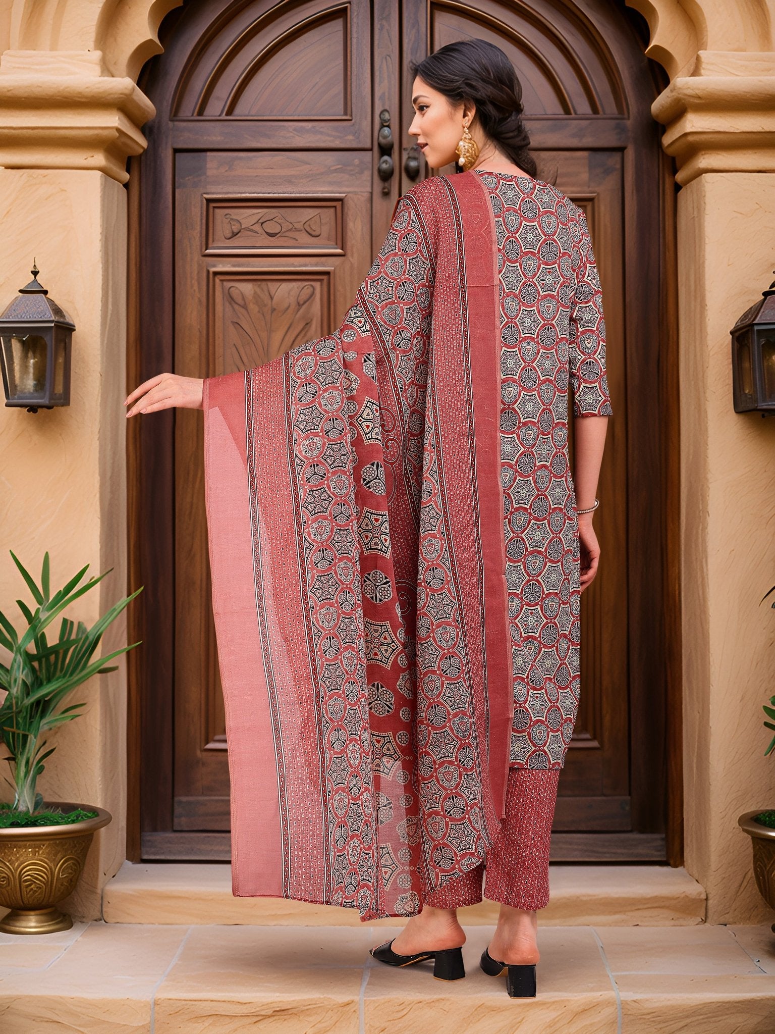 Red Printed Kurta Set — back view with dupatta — Banwaree India