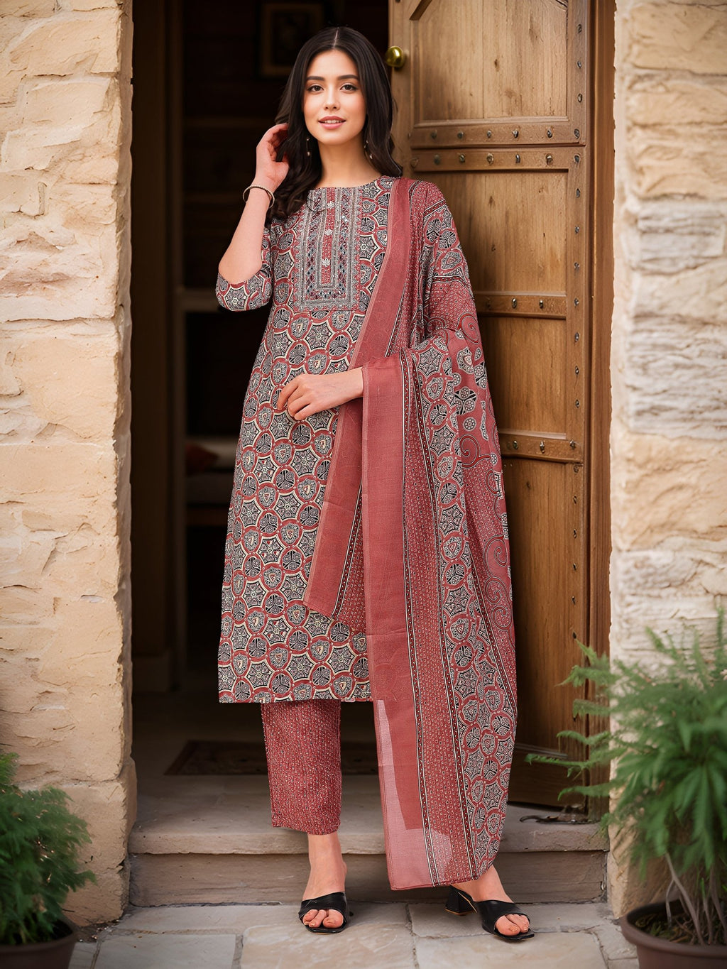 Red Printed Kurta Set — fabric detail — Red breathable cotton blend