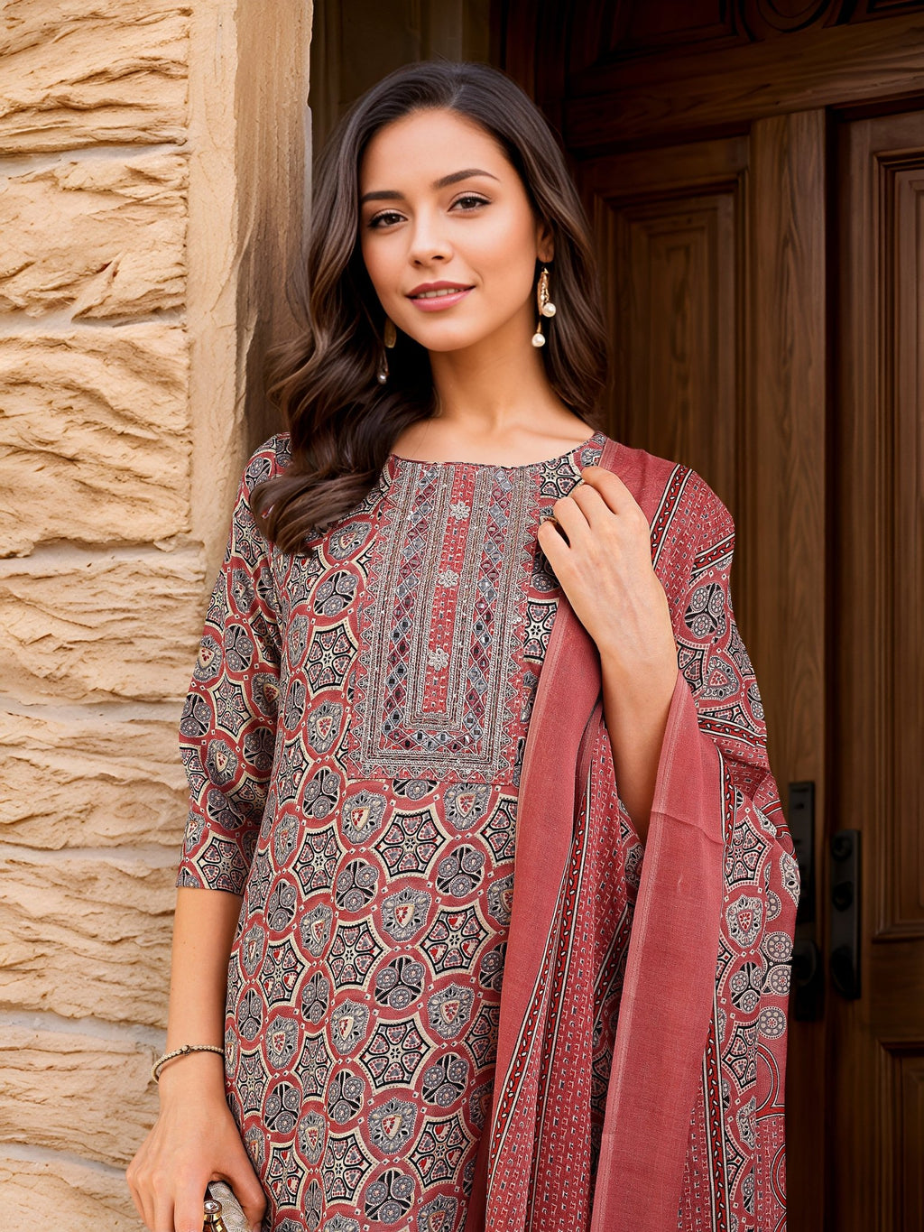 Red Printed Kurta Set — complete 3-piece set — Red Cotton Blend