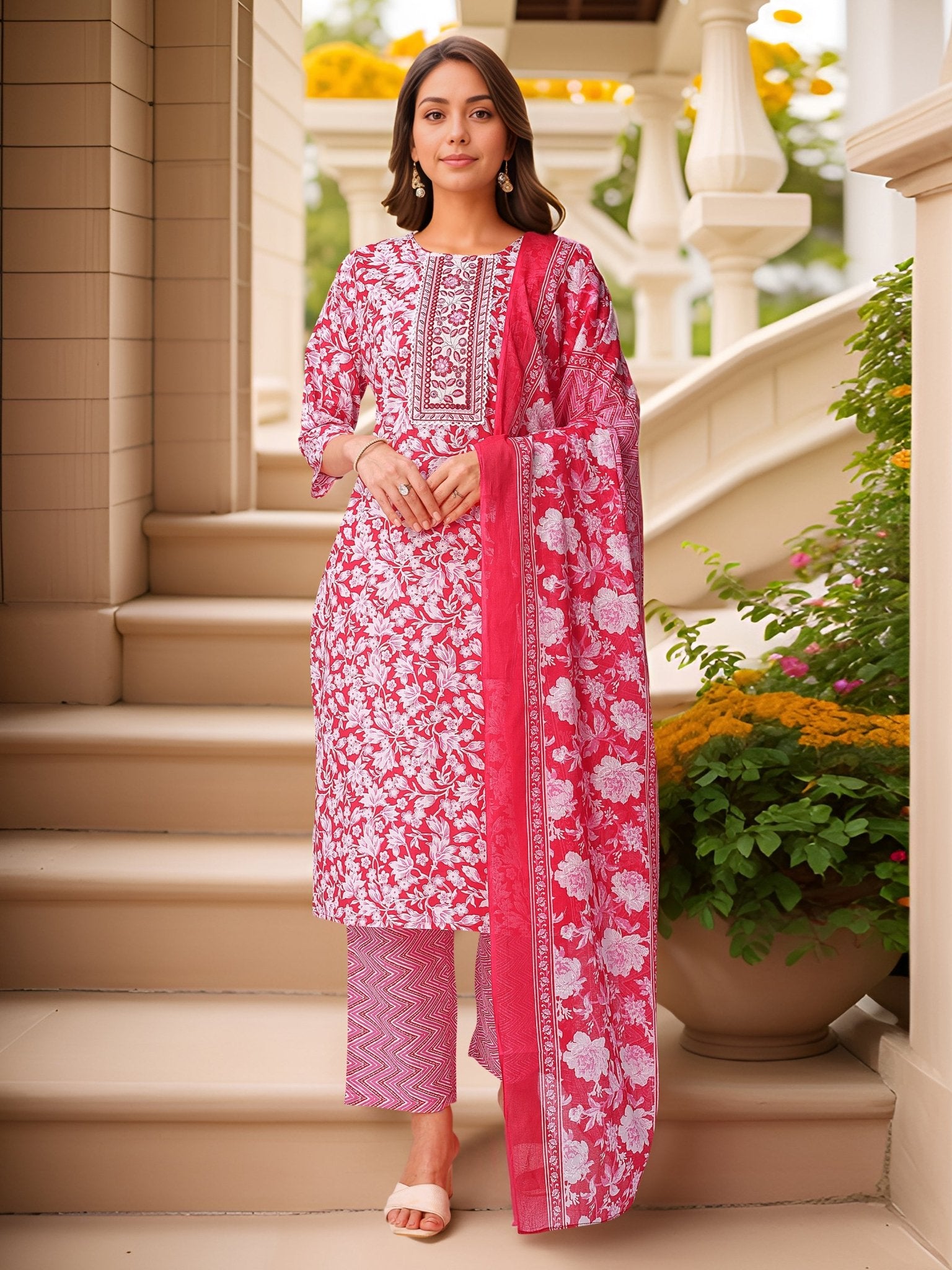 Pink Printed Pure Cotton Kurta Set — front view — pure cotton ethnic wear women 2