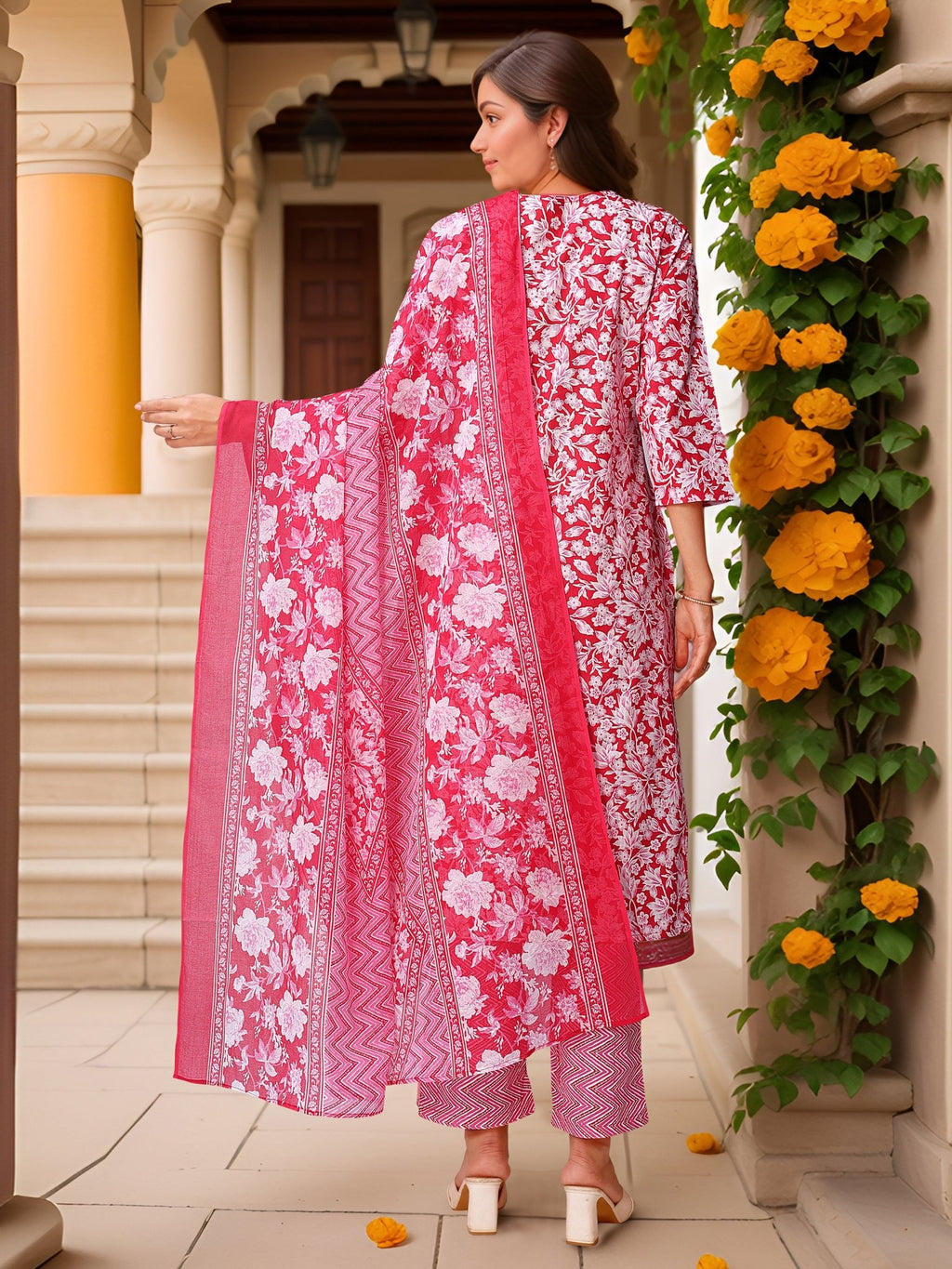 Pink Printed Pure Cotton Kurta Set — side view — Pink Pure Cotton women — Banwaree 2