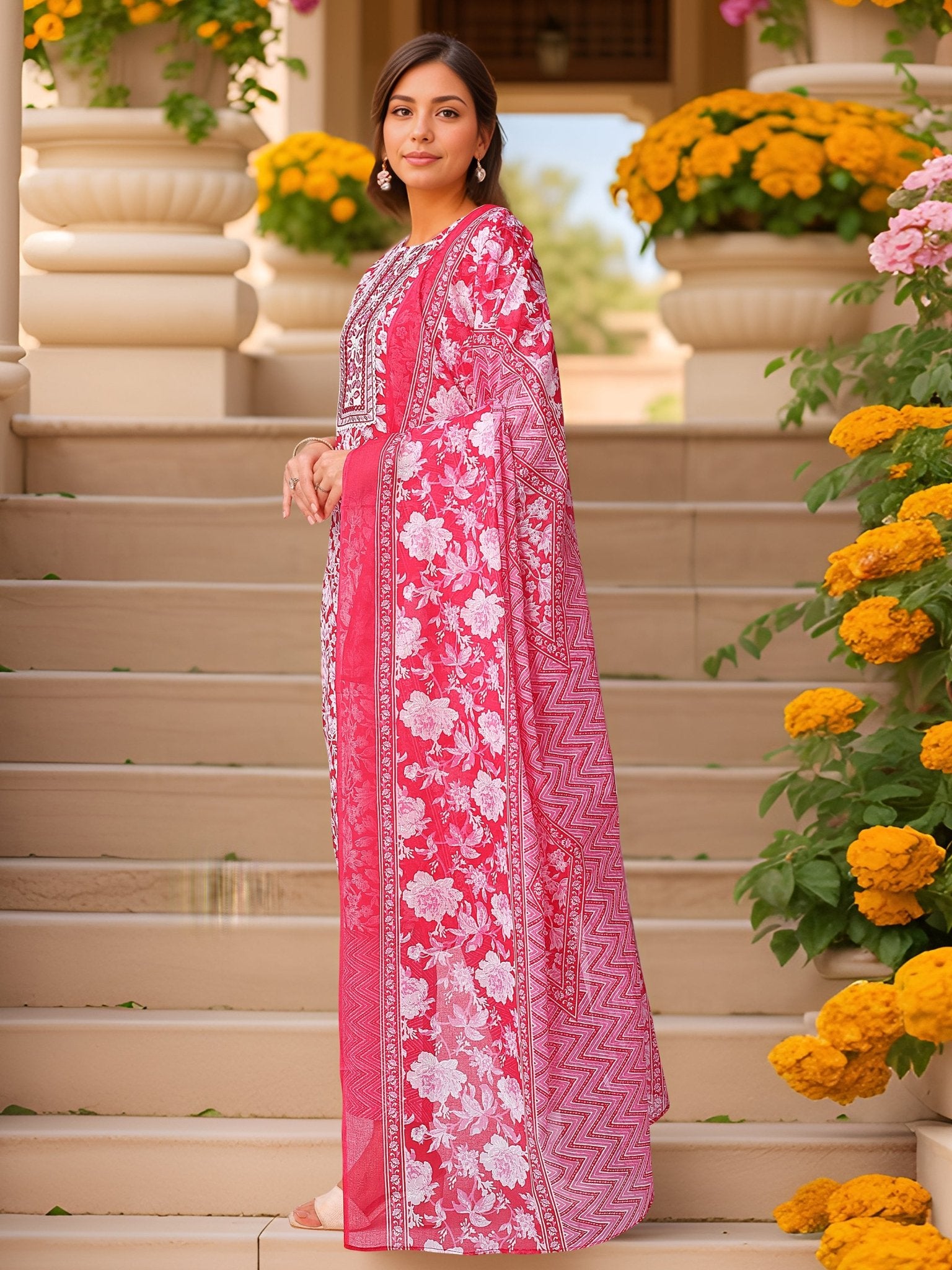 Pink Printed Pure Cotton Kurta Set — back view with dupatta — Banwaree India 2