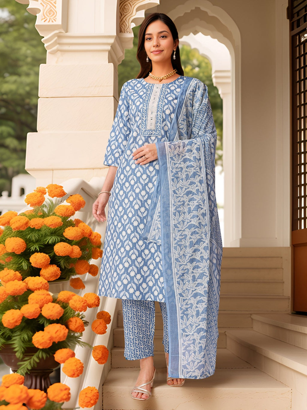 Blue Pure Cotton Printed Kurta Set — front view — pure cotton ethnic wear women