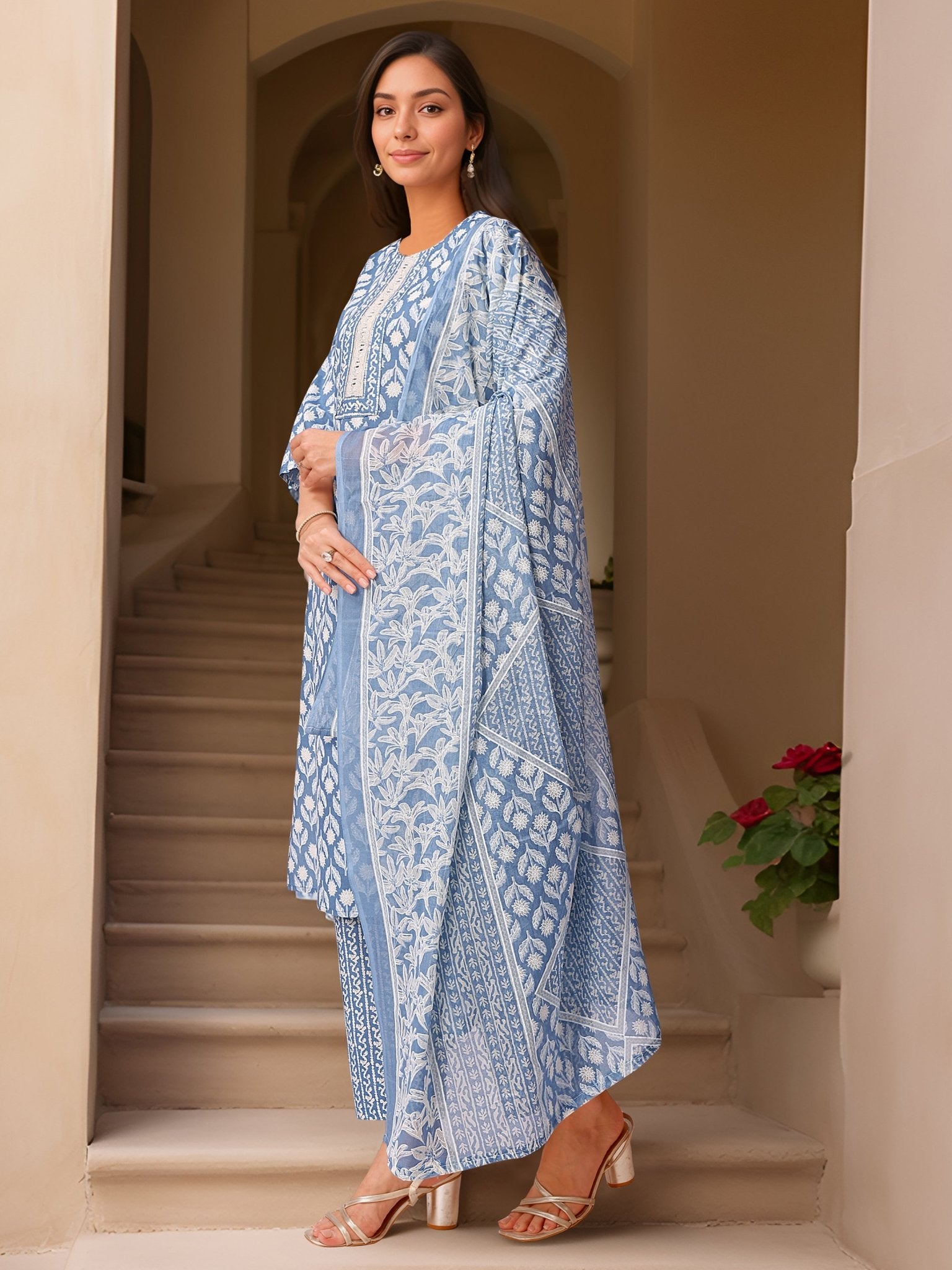 Blue Pure Cotton Printed Kurta Set — back view with dupatta — Banwaree India