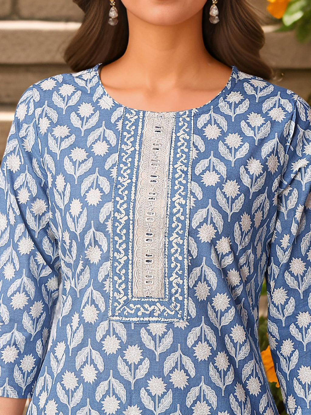 Blue Pure Cotton Printed Kurta Set — fabric detail — Blue comfortable pure cotton