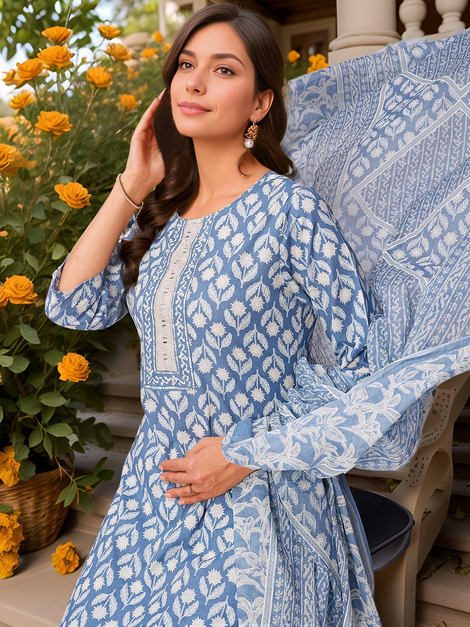 Blue Pure Cotton Printed Kurta Set — dupatta close up — Blue Pure Cotton — Banwaree