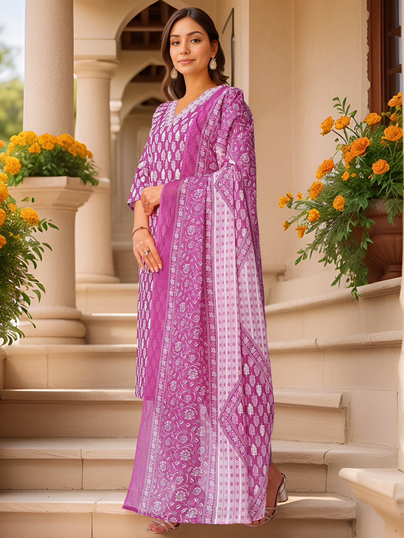 Purple Printed Pure Cotton Kurta Set — back view with dupatta — Banwaree India
