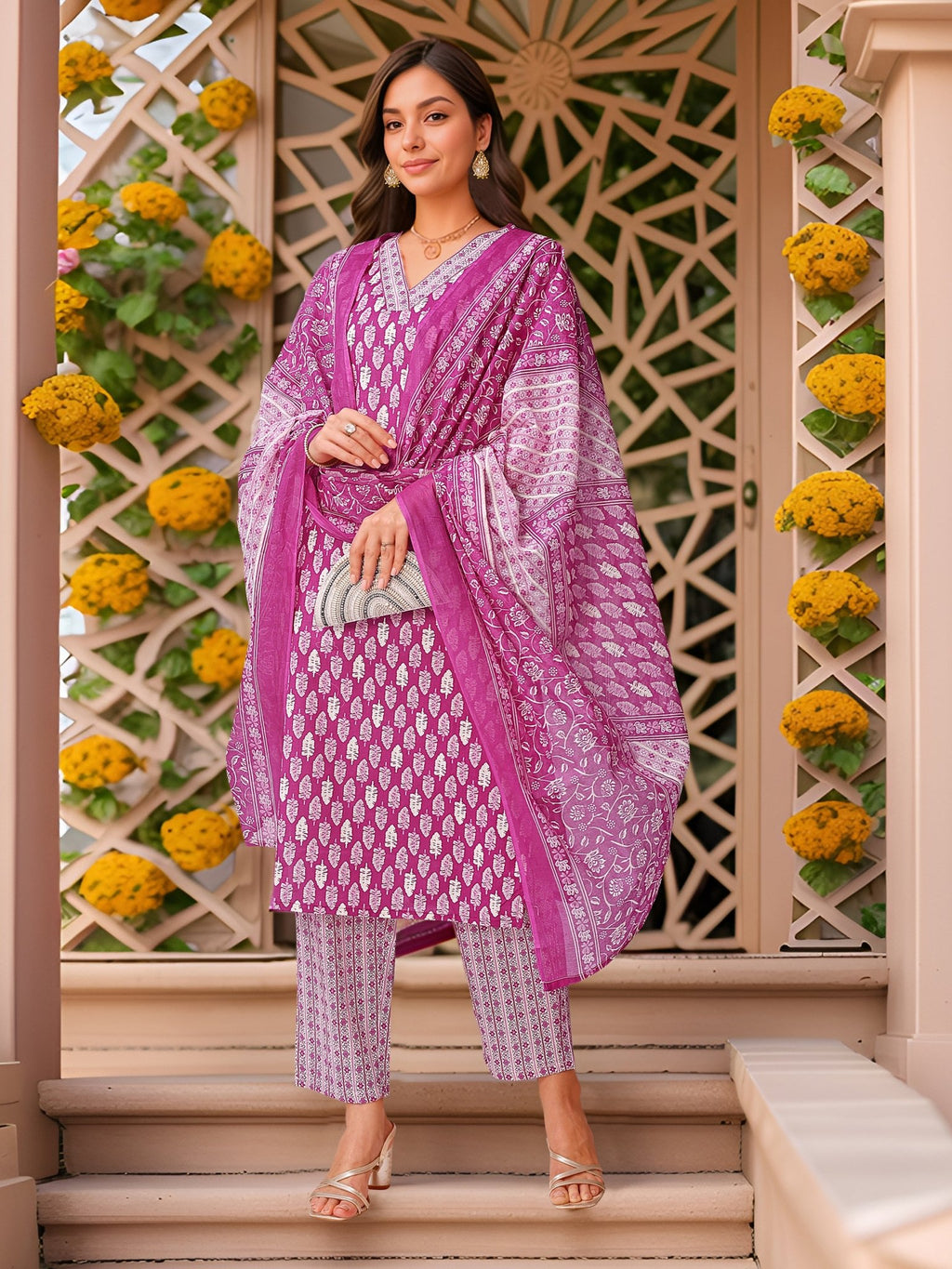 Purple Printed Pure Cotton Kurta Set — festive styling — summer pure cotton — Banwaree