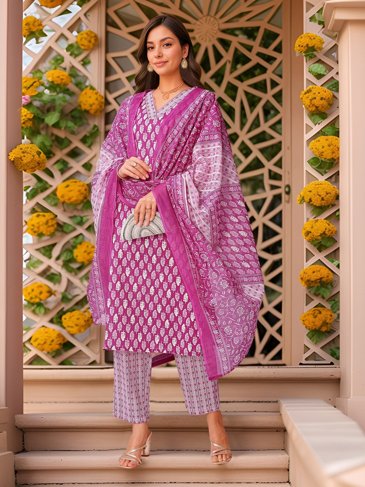 Purple Printed Pure Cotton Kurta Set — festive styling — summer pure cotton — Banwaree