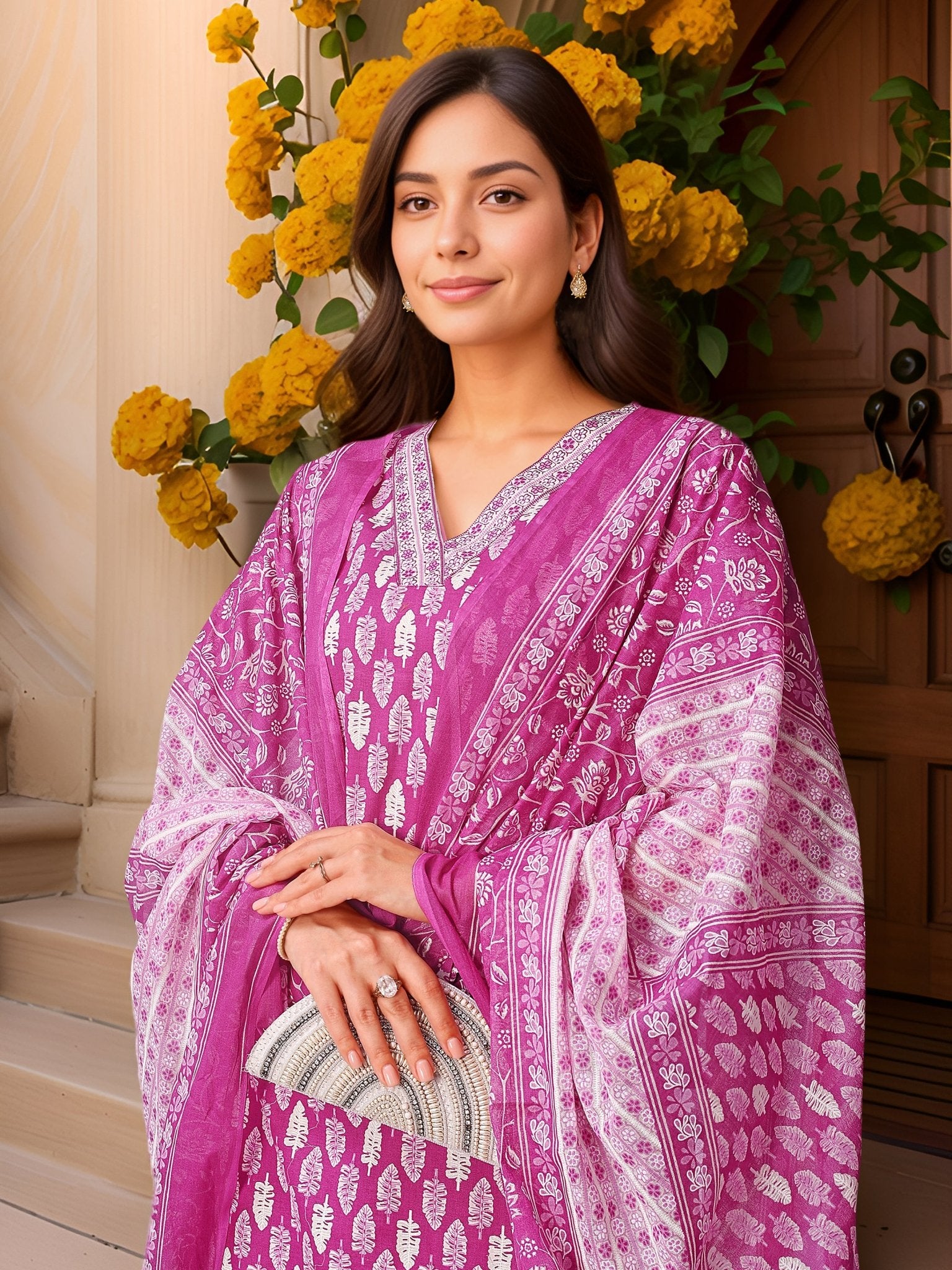 Purple Printed Pure Cotton Kurta Set — dupatta close up — Purple Pure Cotton — Banwaree