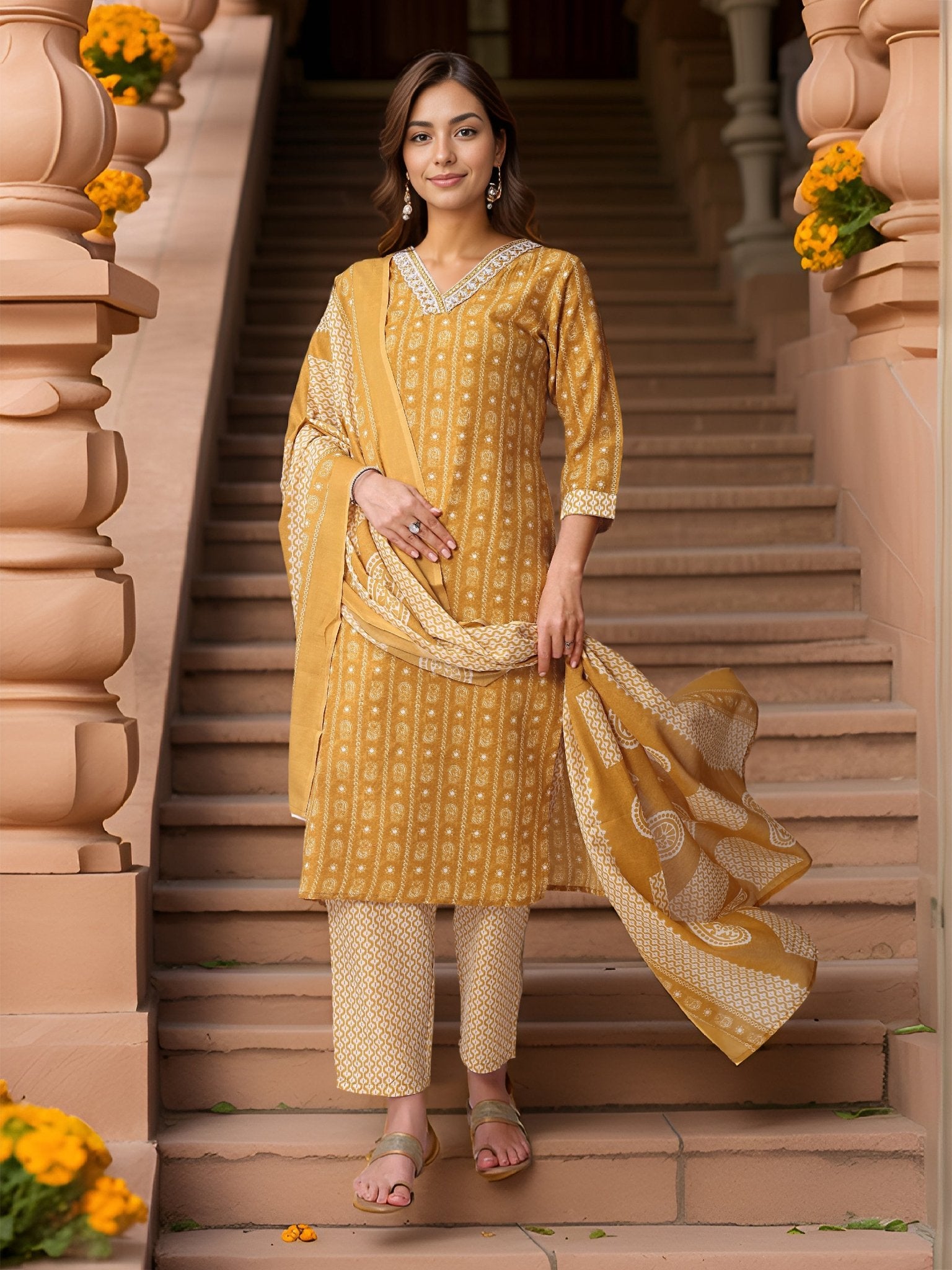 Mustard Pure Cotton Printed Kurta Set — front view — pure cotton ethnic wear women