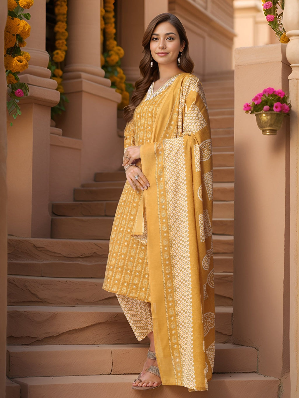 Mustard Pure Cotton Printed Kurta Set — back view with dupatta — Banwaree India