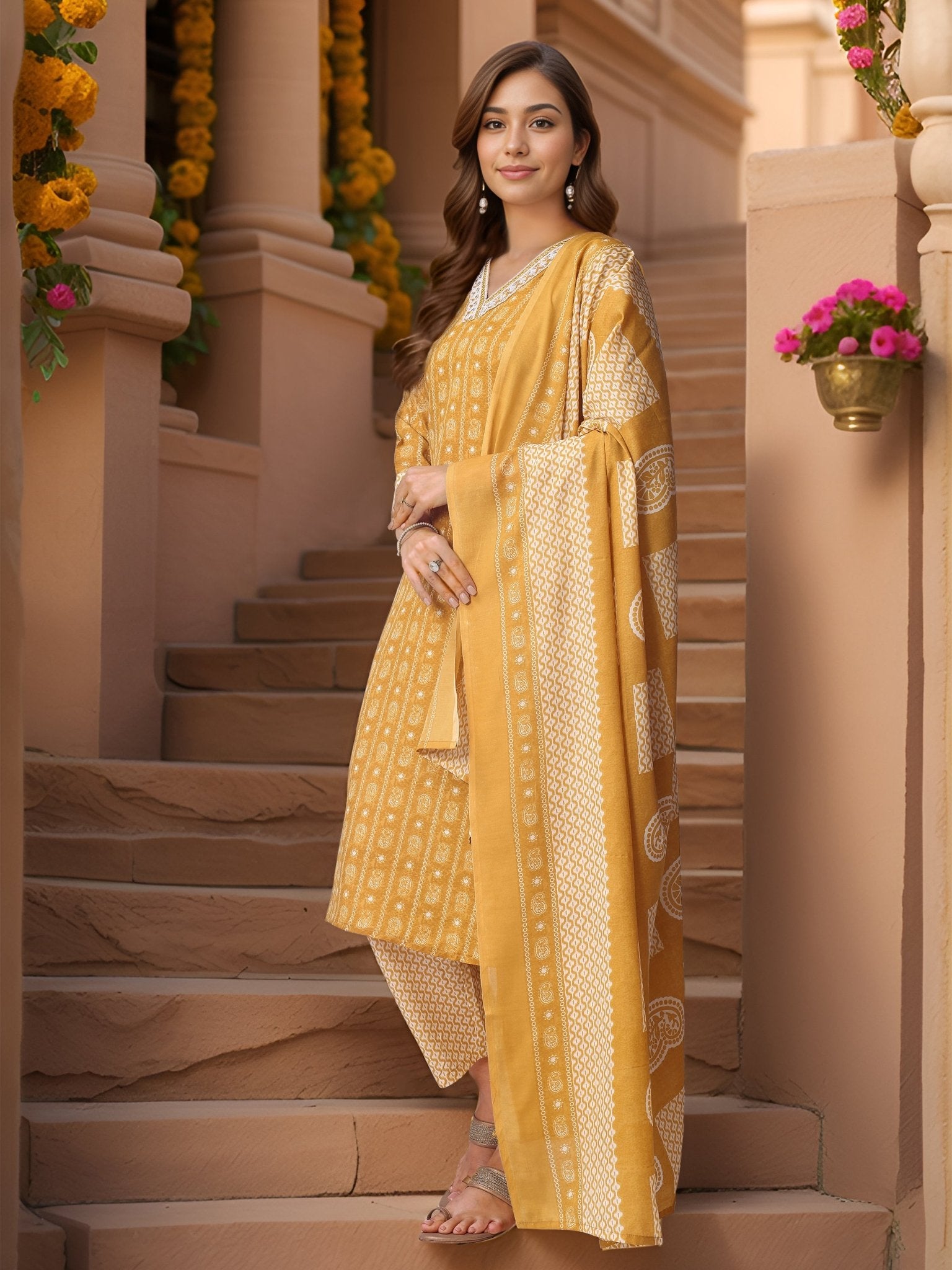 Mustard Pure Cotton Printed Kurta Set — back view with dupatta — Banwaree India
