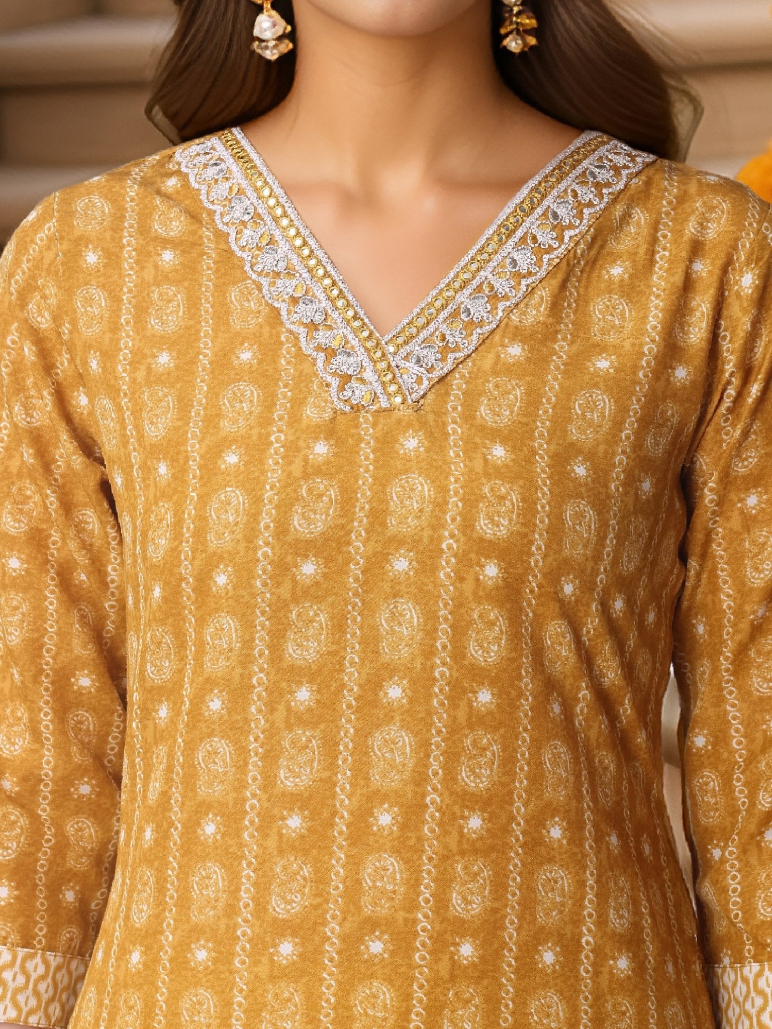 Mustard Pure Cotton Printed Kurta Set — fabric detail — Mustard comfortable pure cotton