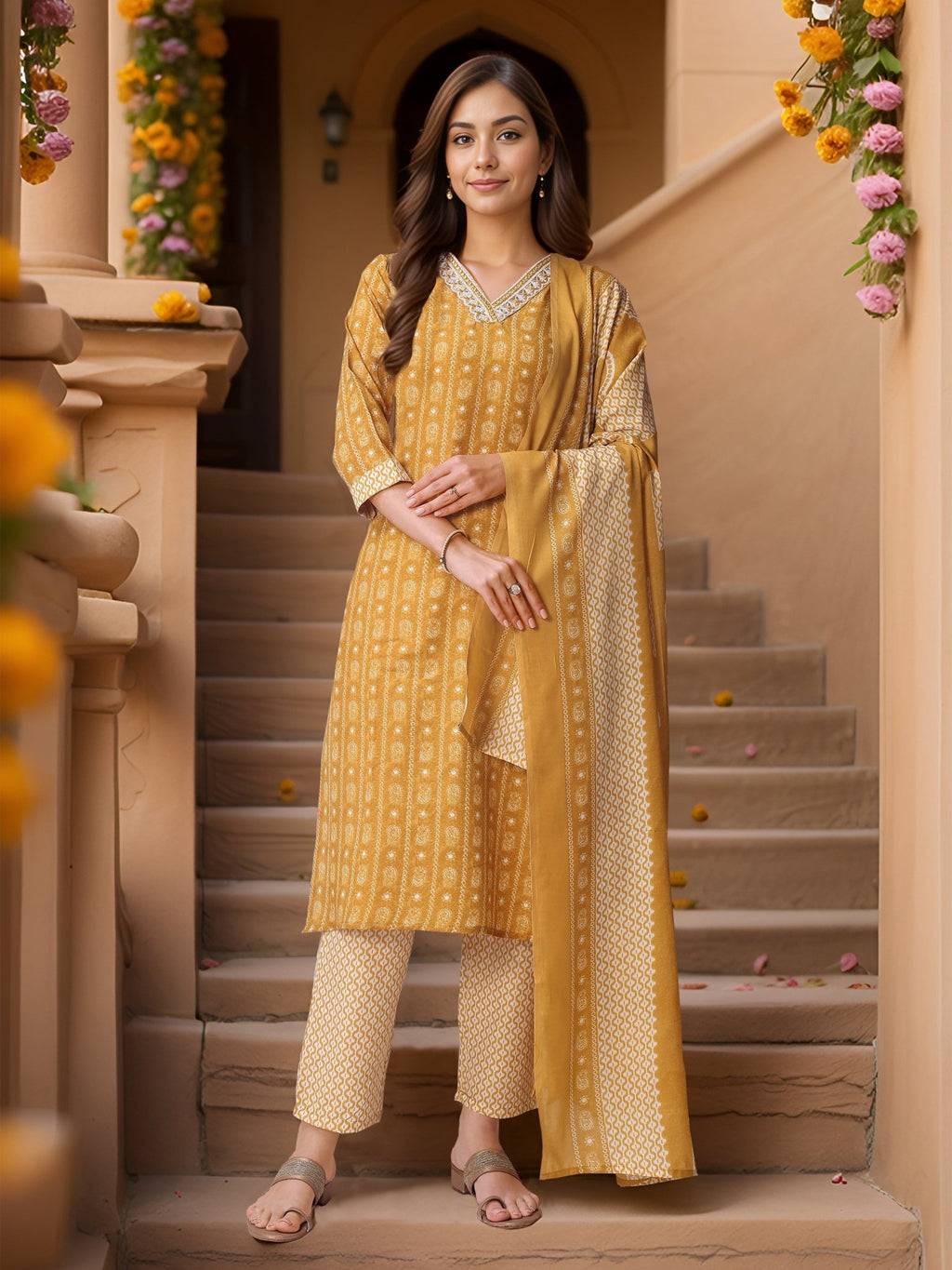Mustard Pure Cotton Printed Kurta Set — festive styling — summer pure cotton — Banwaree