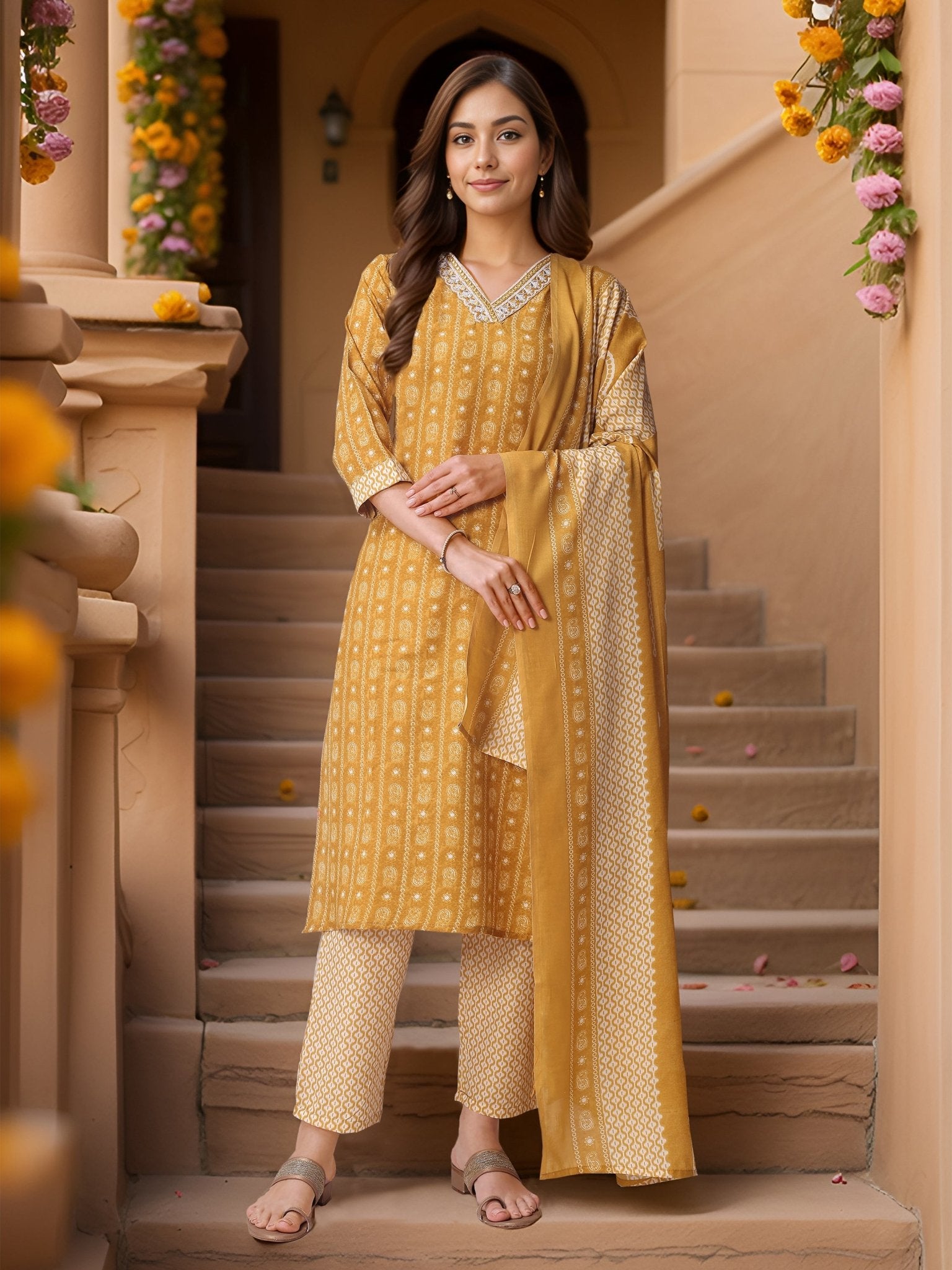 Mustard Pure Cotton Printed Kurta Set — festive styling — summer pure cotton — Banwaree