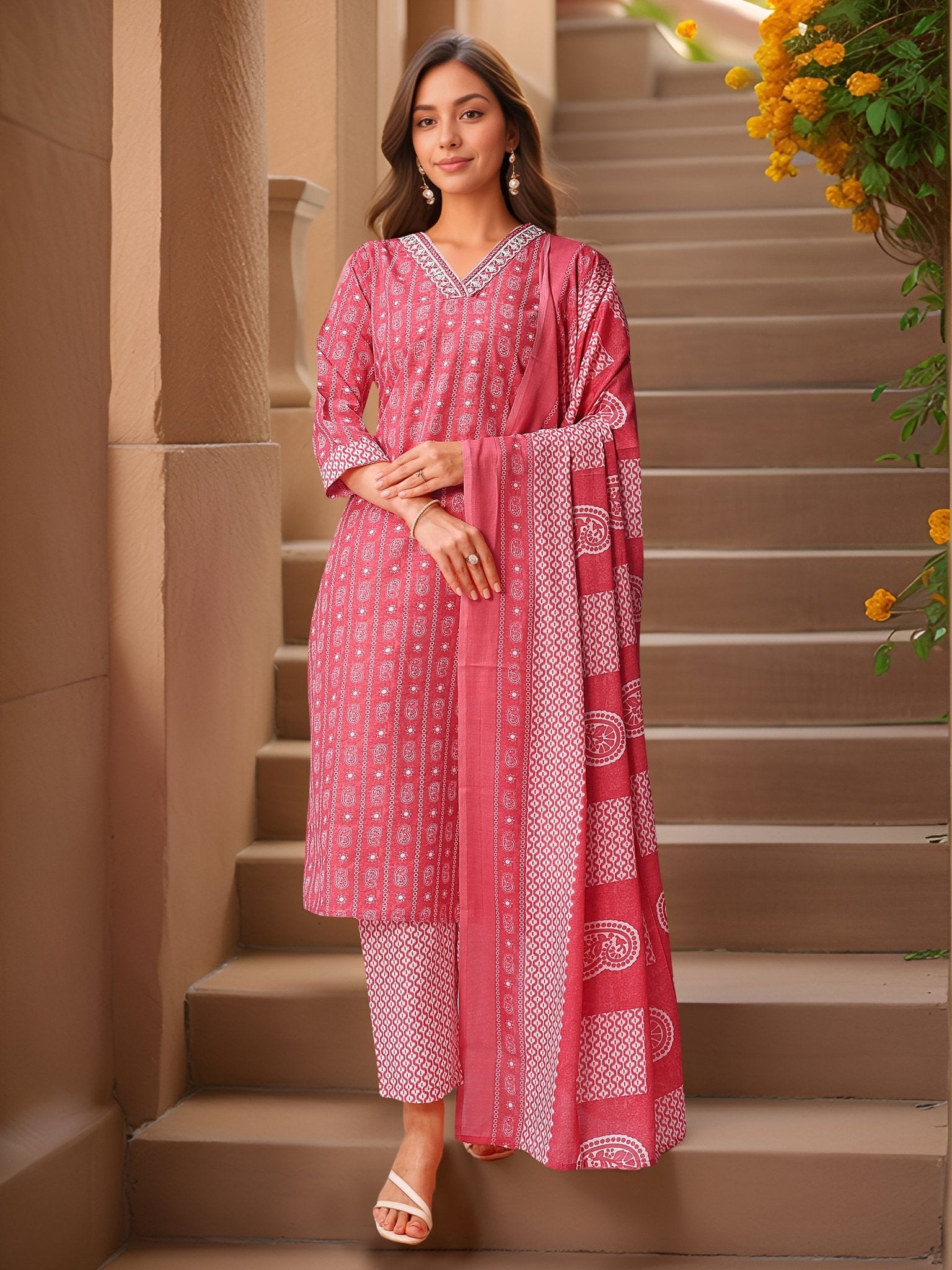 Pink Printed Pure Cotton Kurta Set — front view — pure cotton ethnic wear women