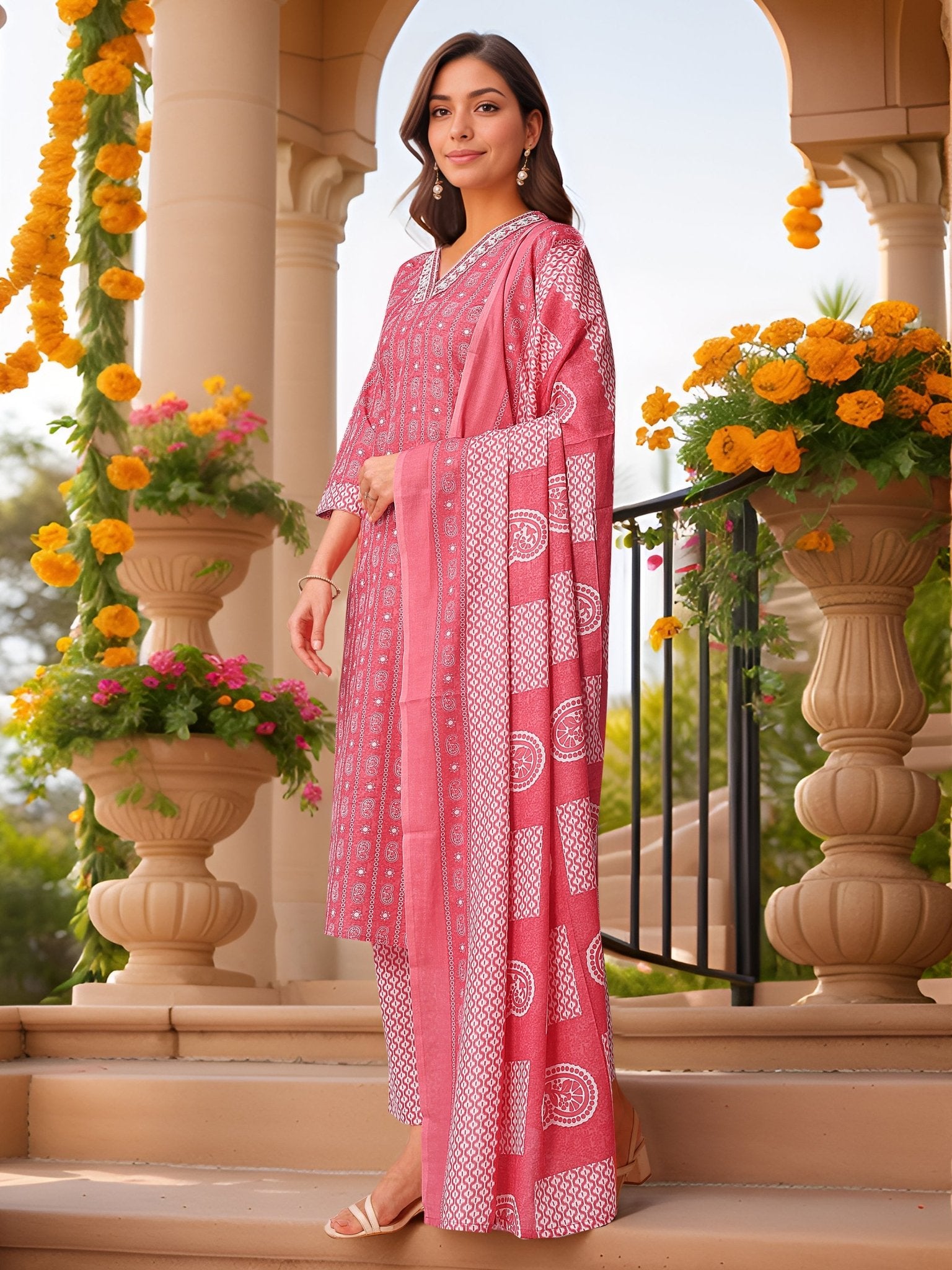Pink Printed Pure Cotton Kurta Set — back view with dupatta — Banwaree India