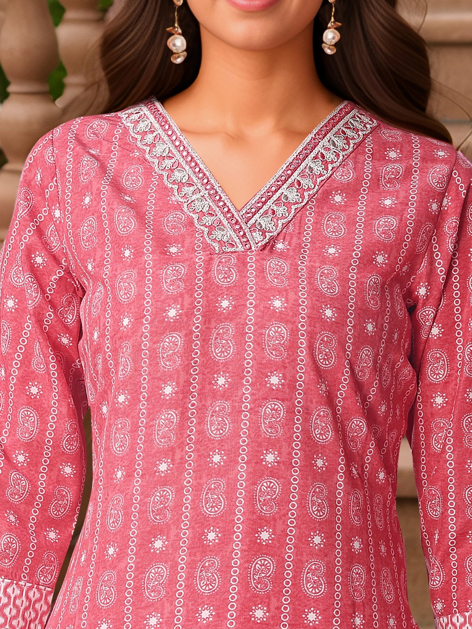 Pink Printed Pure Cotton Kurta Set — fabric detail — Pink comfortable pure cotton