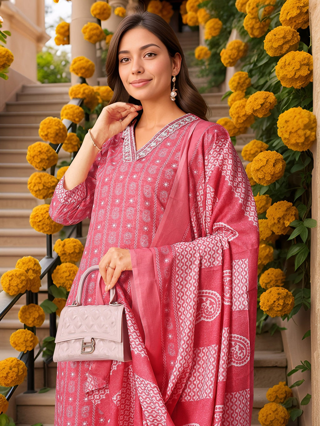 Pink Printed Pure Cotton Kurta Set — dupatta close up — Pink Pure Cotton — Banwaree
