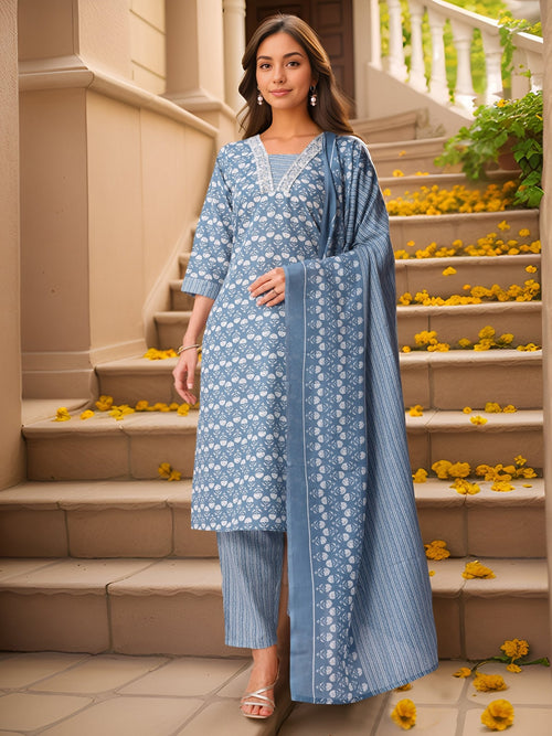 Blue Pure Cotton Kurta Set — front view — pure cotton ethnic wear women