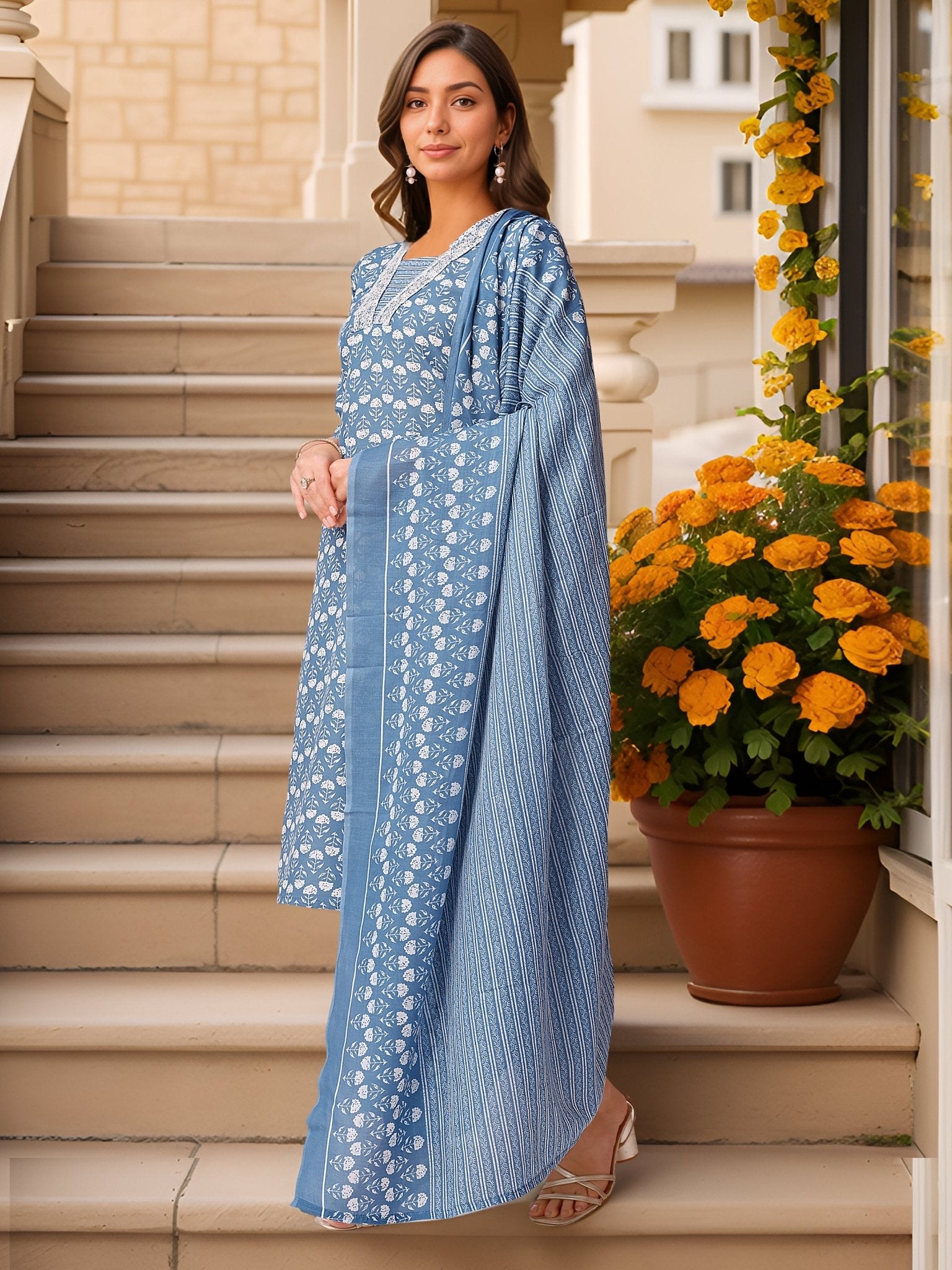 Blue Pure Cotton Kurta Set — back view with dupatta — Banwaree India