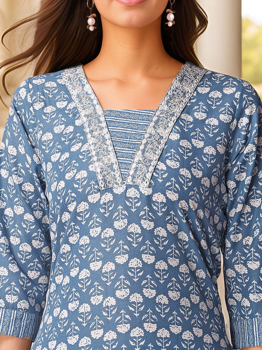 Blue Pure Cotton Kurta Set — fabric detail — Blue comfortable pure cotton